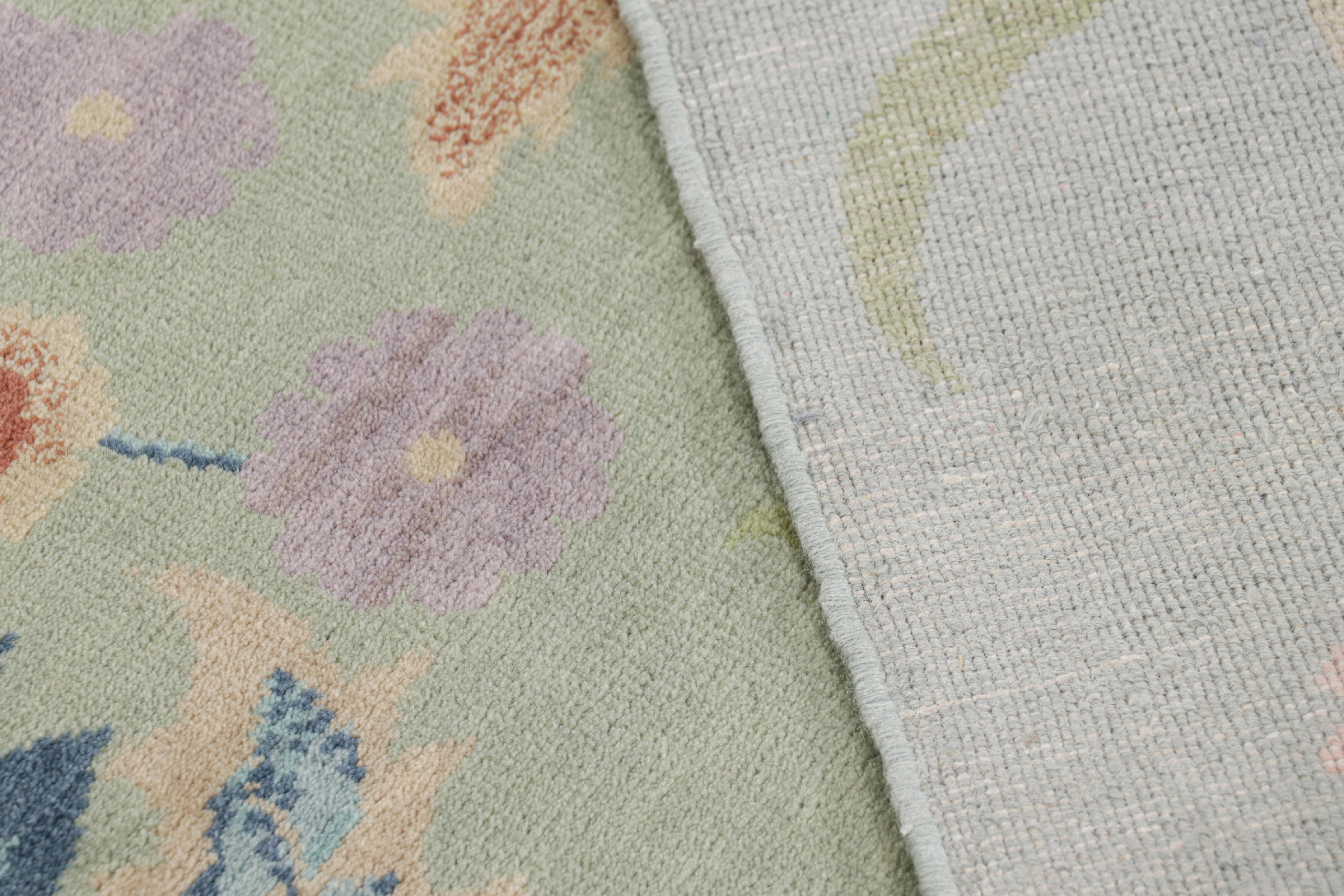 Rug & Kilim’s Chinese Art Deco Style Floral Rug in Green and Blue For Sale 1