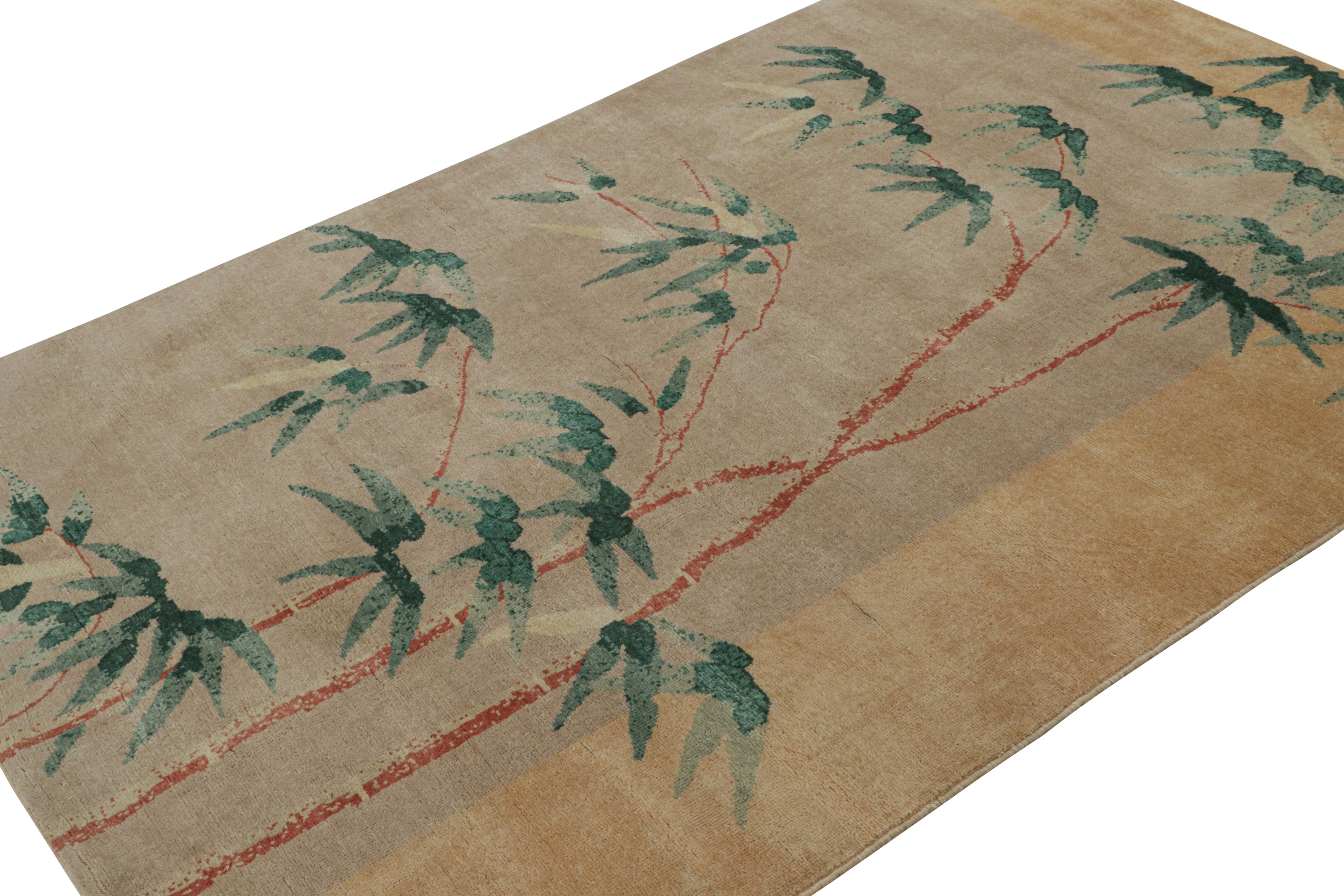 Hand-knotted in wool, this 5x8 modern fragment rug has been inspired by the Chinese Deco style. Featuring floral patterns showcasing bamboo trees, this piece is a collectible period piece. 

On the Design: 

This contemporary rug recaptures the