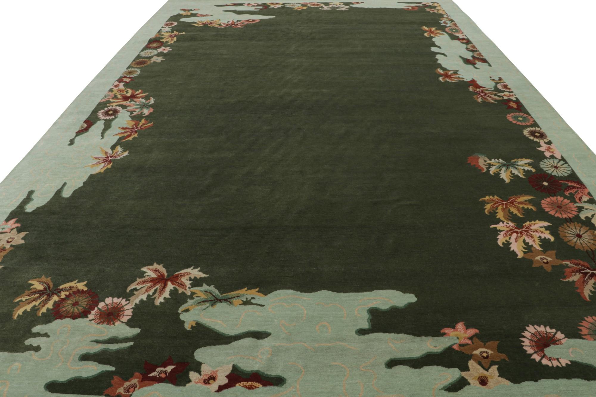 Indian Rug & Kilim’s Chinese Art Deco Style Oversized Rug in Green with Floral Patterns For Sale