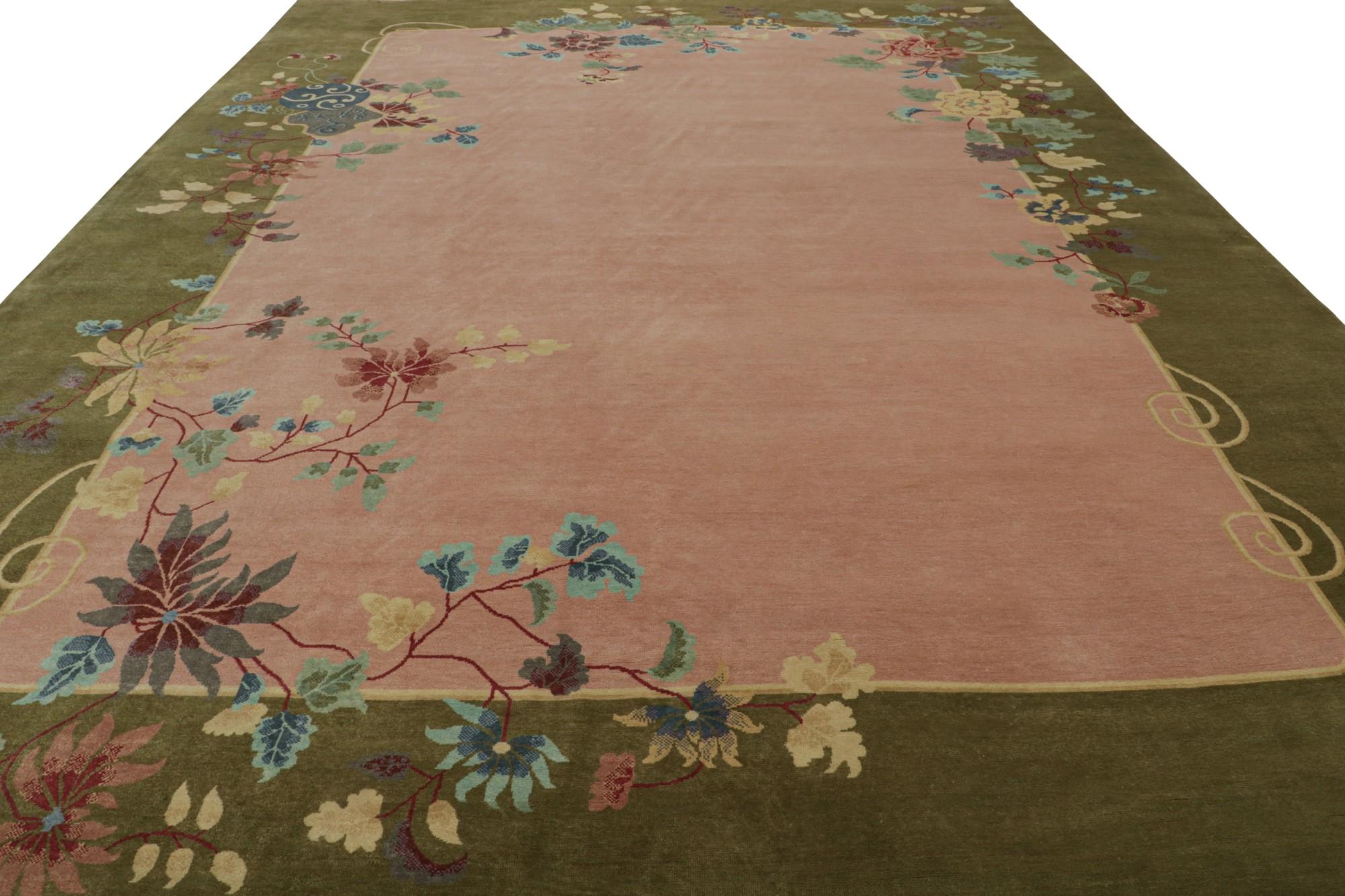 Indian Rug & Kilim’s Chinese Art Deco Style Oversized Rug in Pink with Floral Patterns For Sale