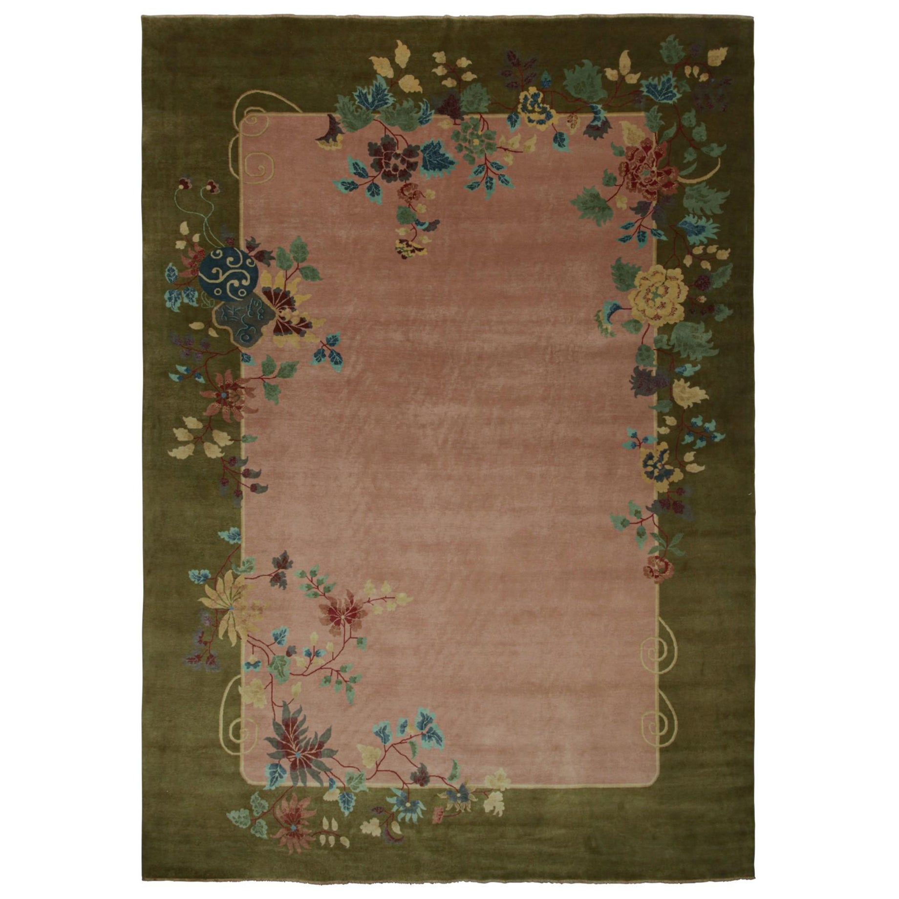 Rug & Kilim’s Chinese Art Deco Style Oversized Rug in Pink with Floral Patterns For Sale