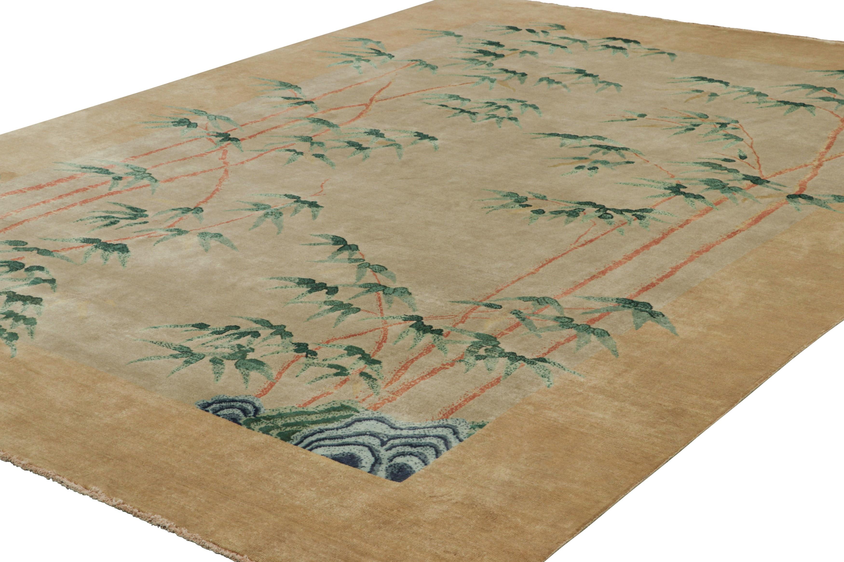 Hand-Knotted Rug & Kilim’s Chinese Art Deco Style Rug, Bamboo Floral Patterns over Gold Tones For Sale