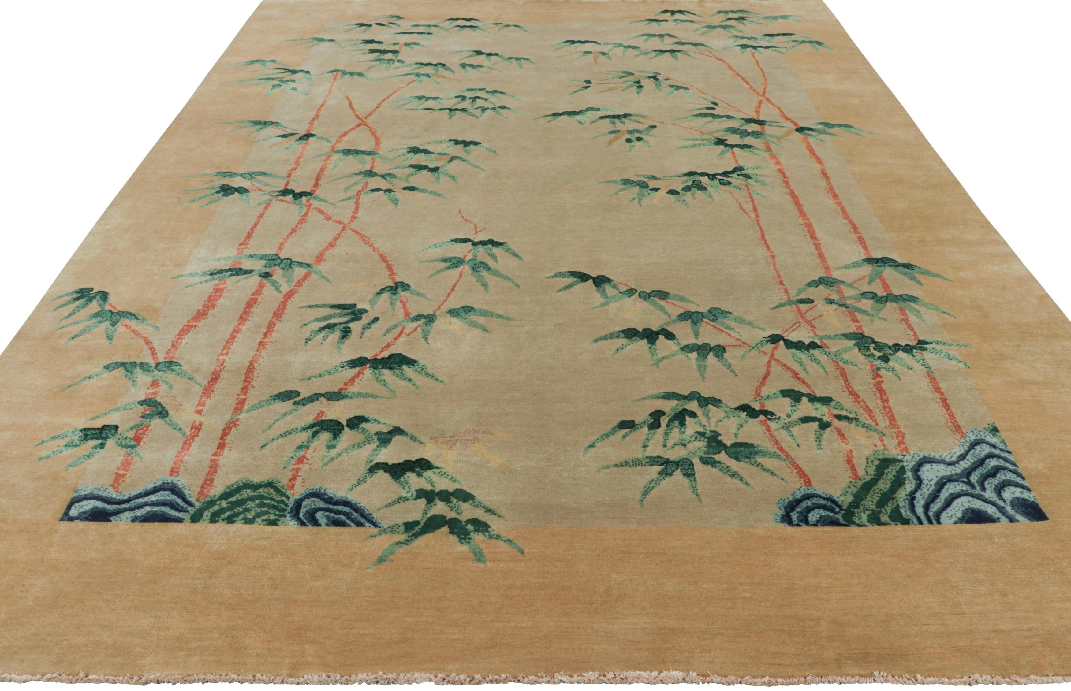Rug & Kilim’s Chinese Art Deco Style Rug, Bamboo Floral Patterns over Gold Tones In New Condition For Sale In Long Island City, NY