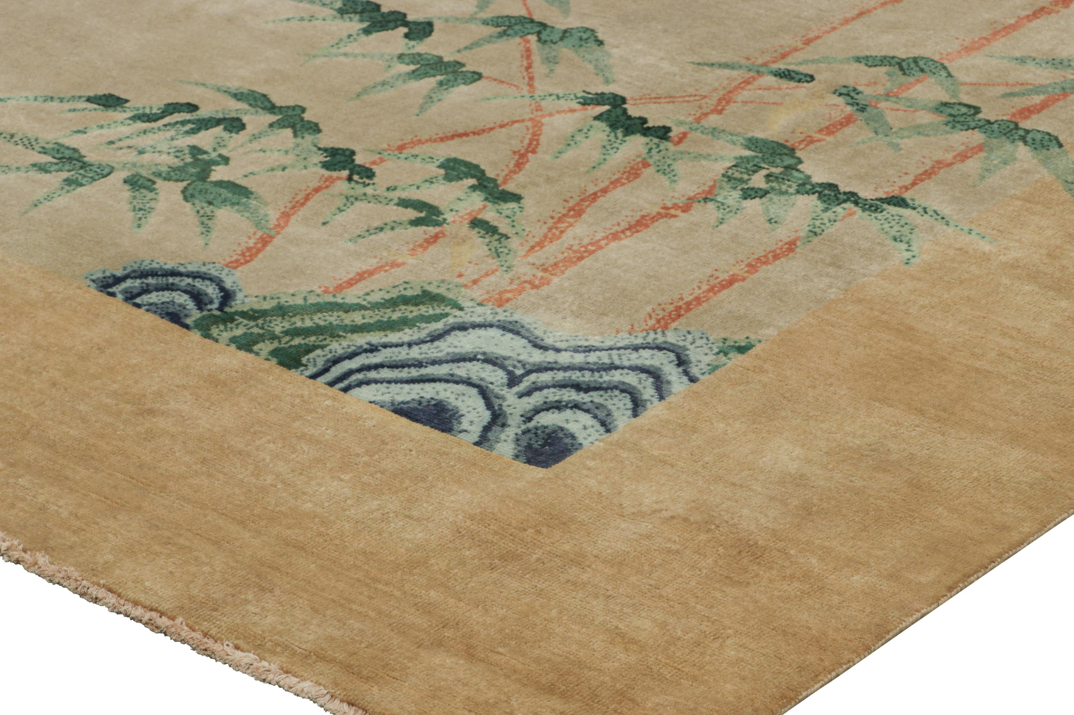 Contemporary Rug & Kilim’s Chinese Art Deco Style Rug, Bamboo Floral Patterns over Gold Tones For Sale