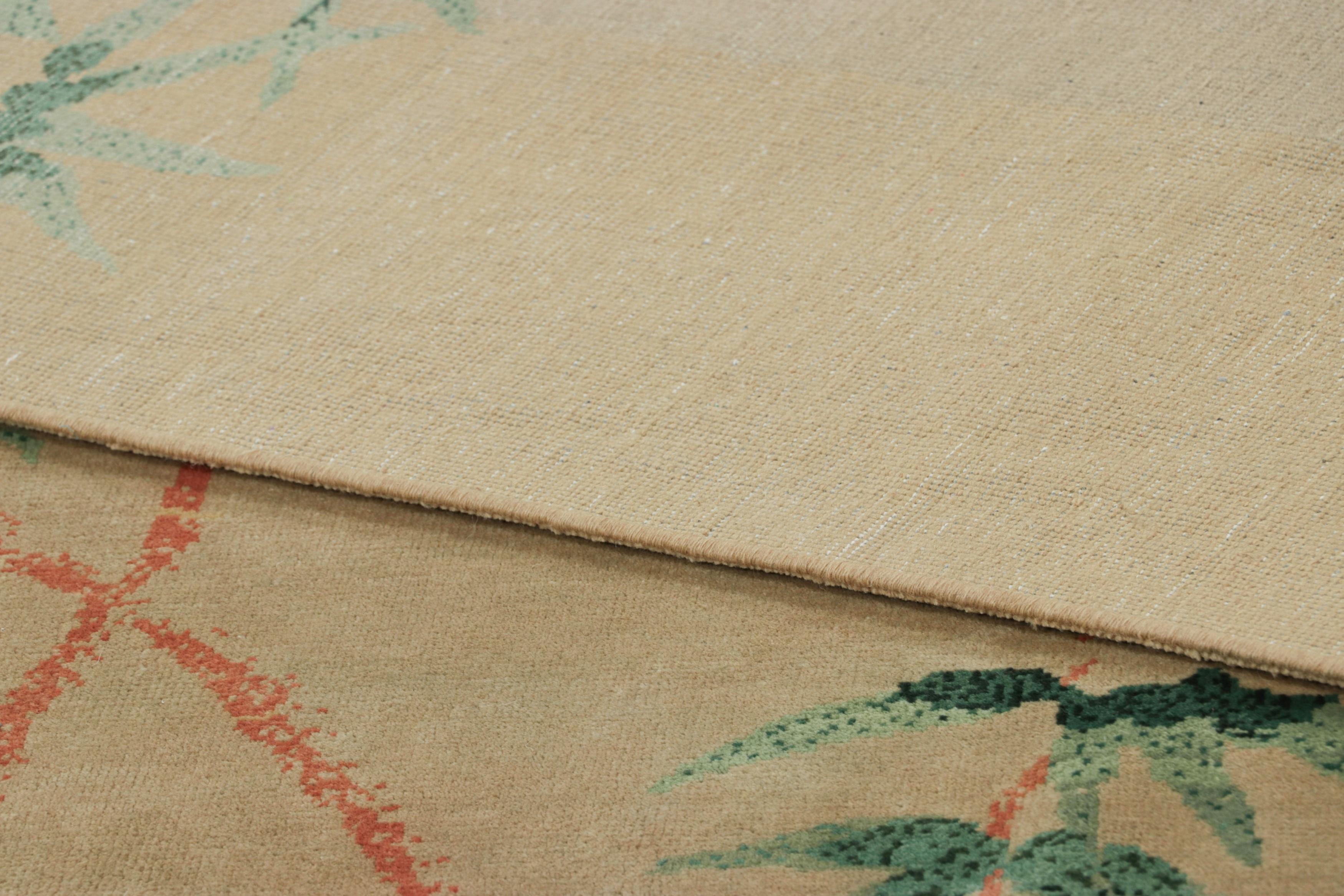 Wool Rug & Kilim’s Chinese Art Deco Style Rug, Bamboo Floral Patterns over Gold Tones For Sale