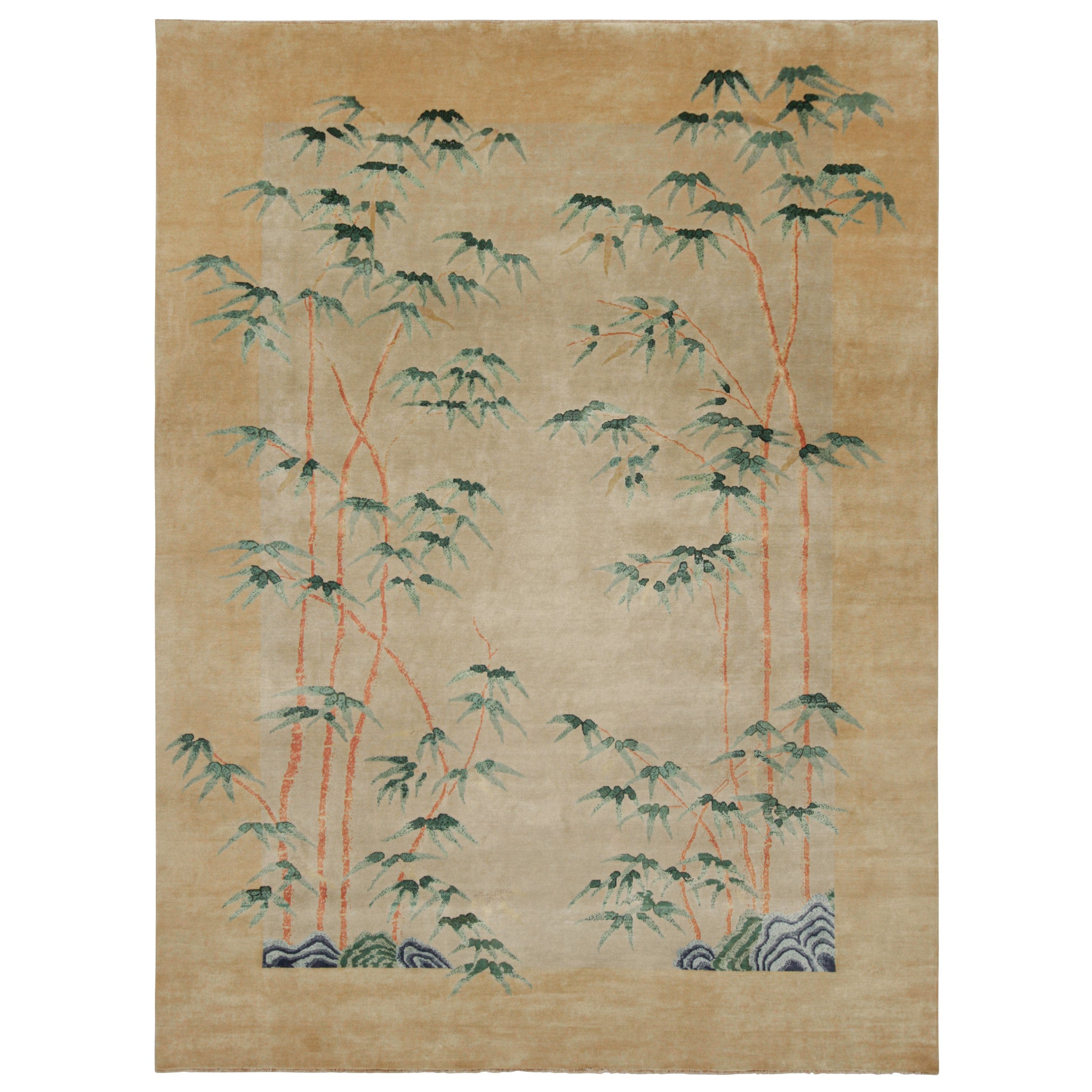 Rug 
Kilim
s Chinesischer Art Deco Stil Teppich, Bambus Blumenmuster über Goldtönen im Angebot