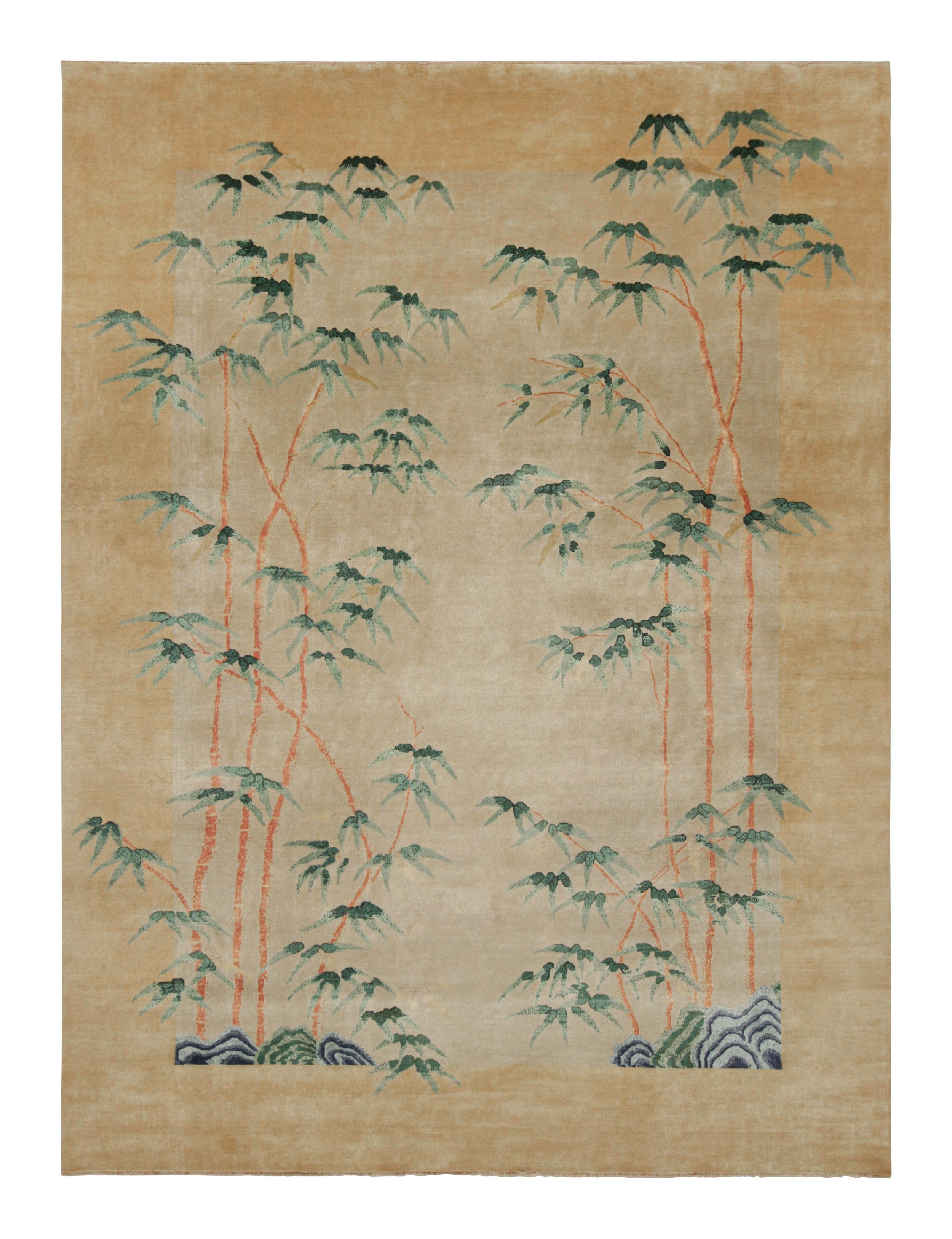 Rug & Kilim’s Chinese Art Deco Style Rug, Bamboo Floral Patterns over Gold Tones