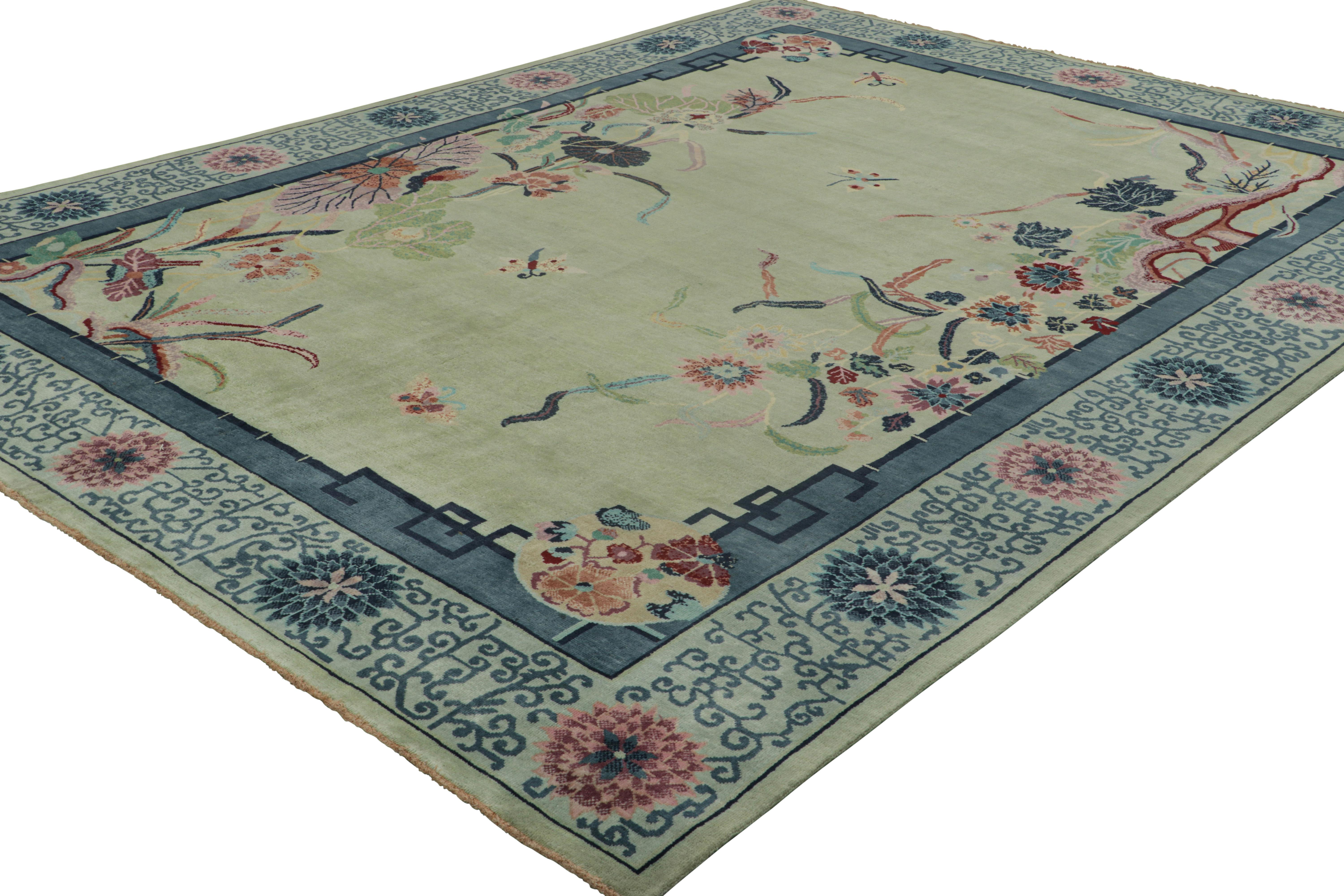 Indian Rug & Kilim’s Chinese Art Deco Style Rug, Blue and Green with Floral Patterns For Sale