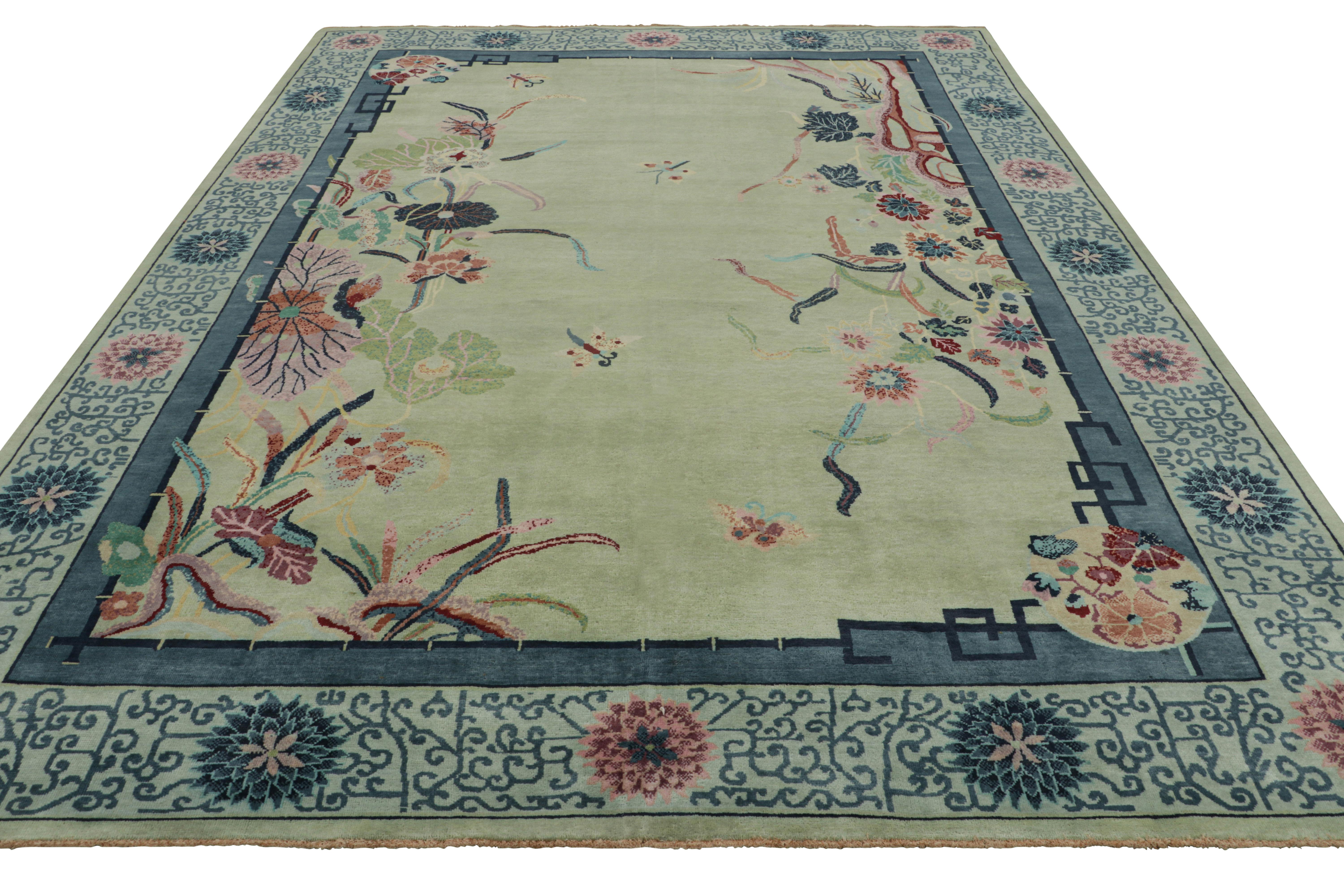 Hand-Knotted Rug & Kilim’s Chinese Art Deco Style Rug, Blue and Green with Floral Patterns For Sale