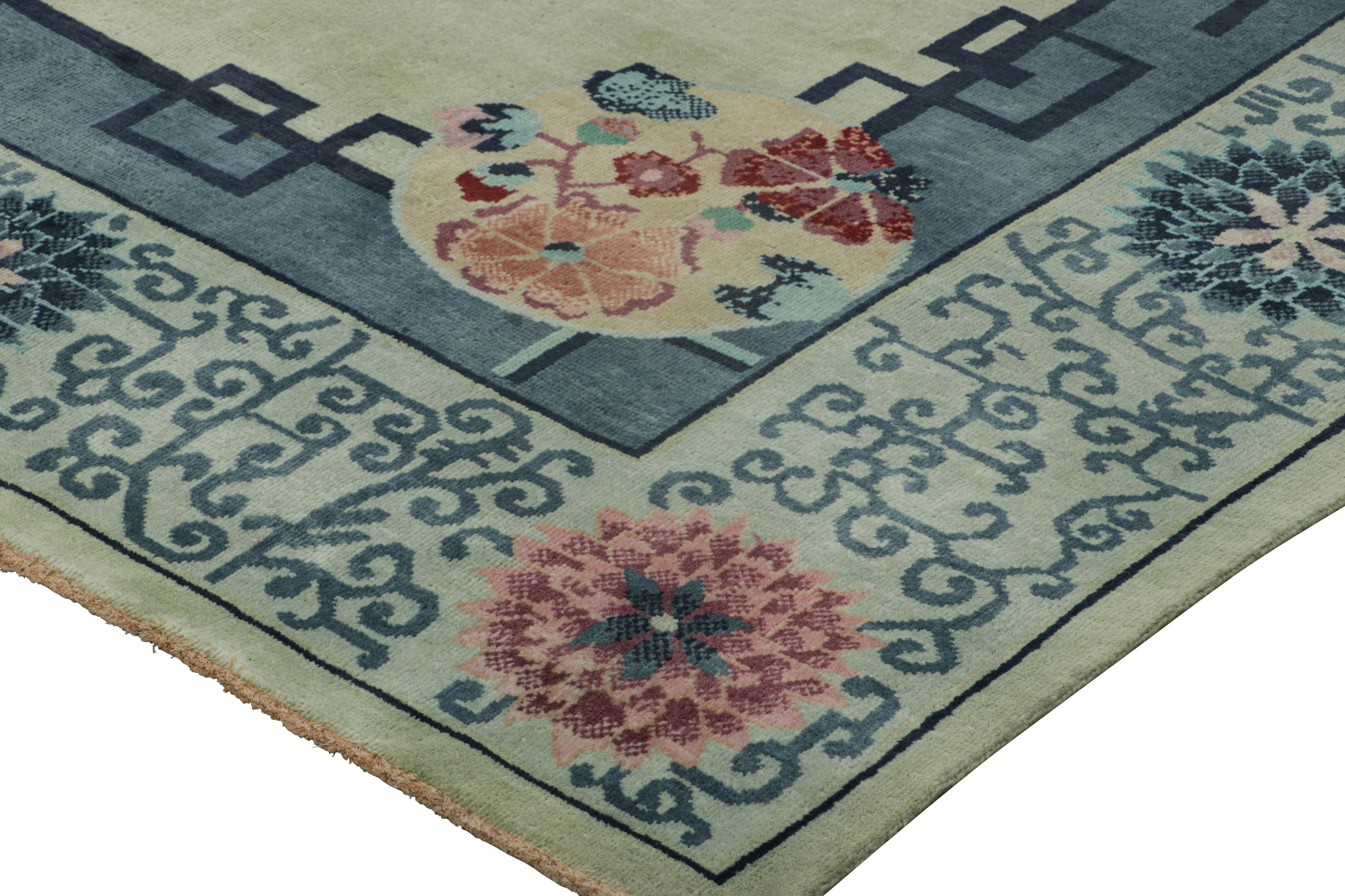 Rug & Kilim’s Chinese Art Deco Style Rug, Blue and Green with Floral Patterns In New Condition For Sale In Long Island City, NY