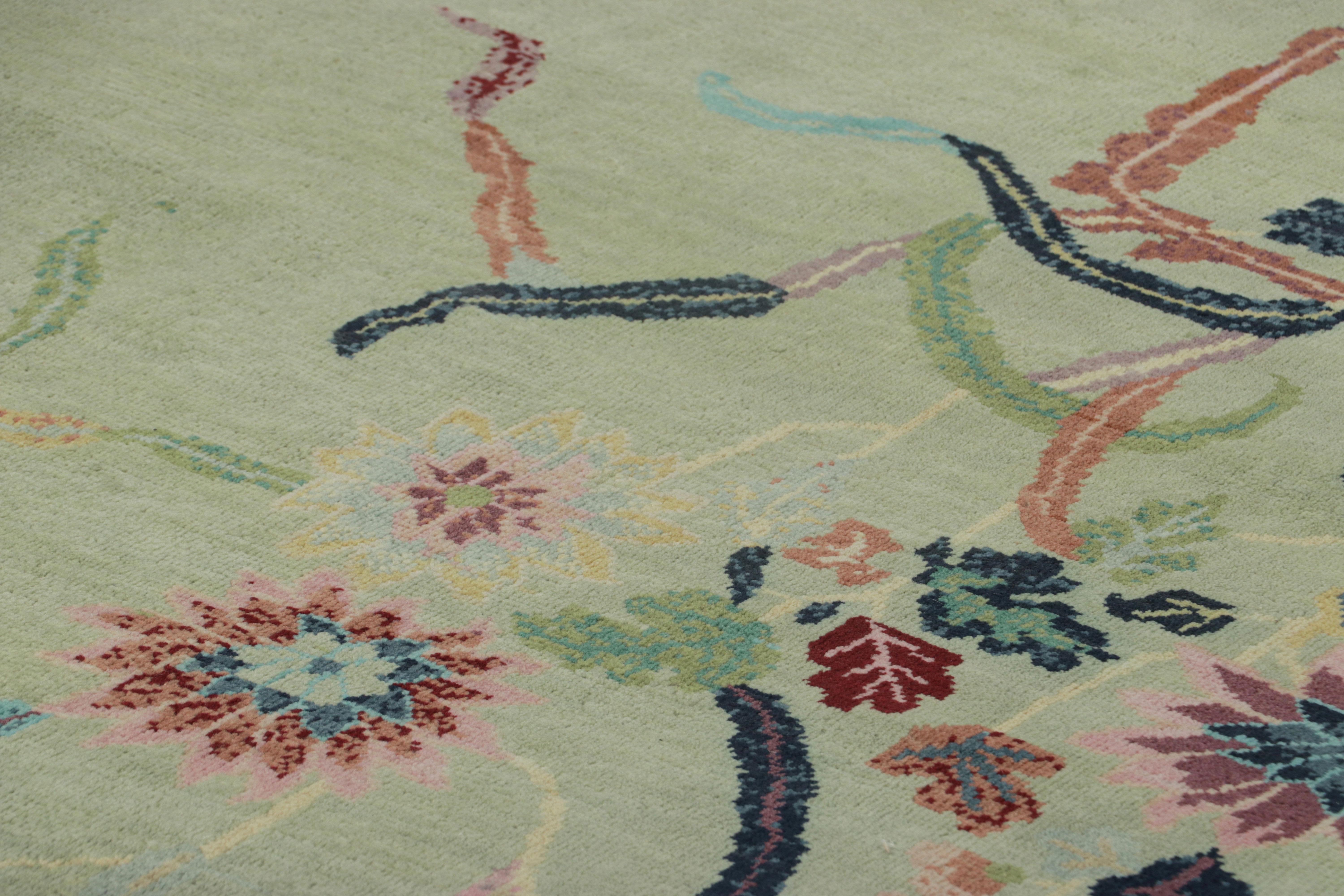 Contemporary Rug & Kilim’s Chinese Art Deco Style Rug, Blue and Green with Floral Patterns For Sale