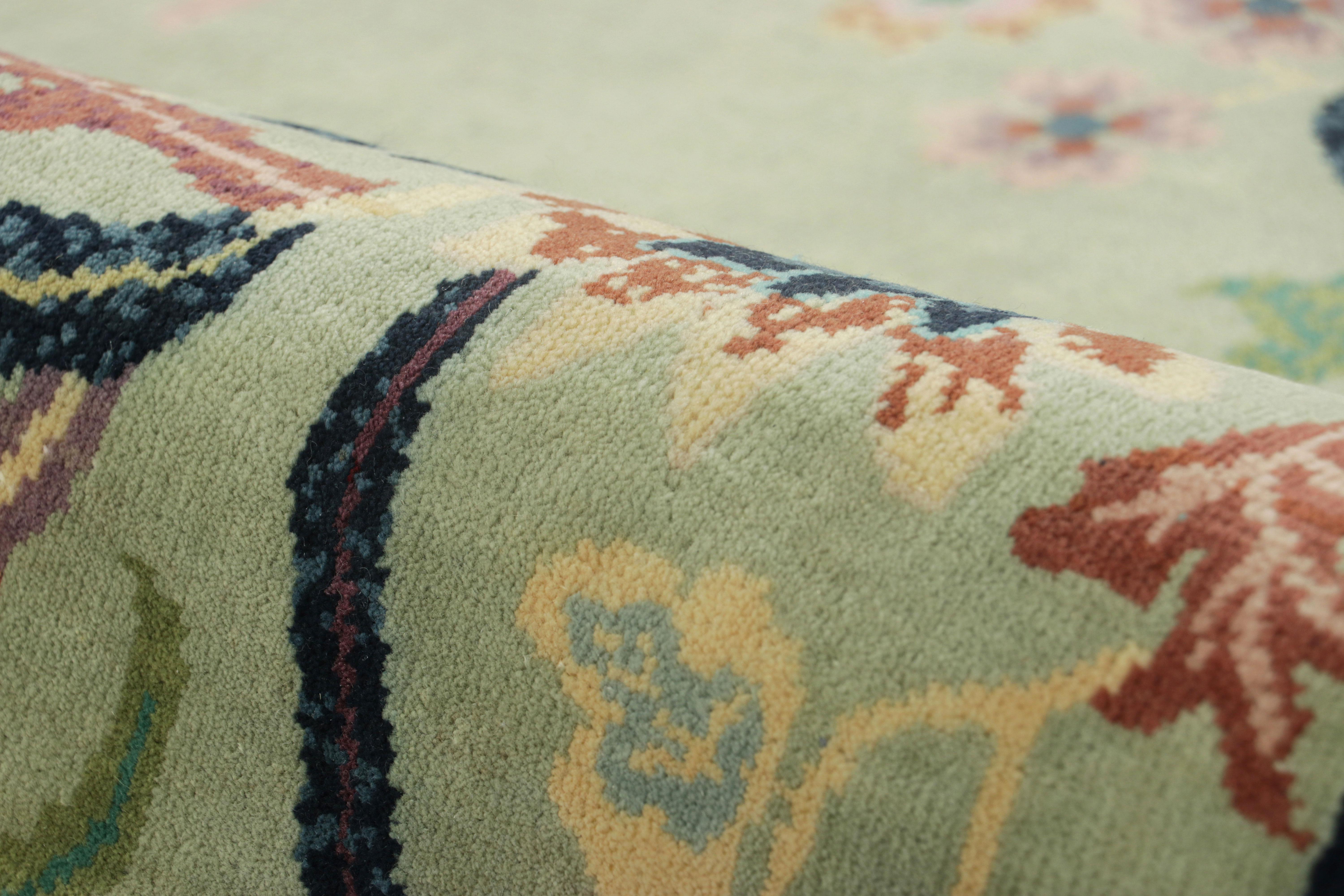 Wool Rug & Kilim’s Chinese Art Deco Style Rug, Blue and Green with Floral Patterns For Sale