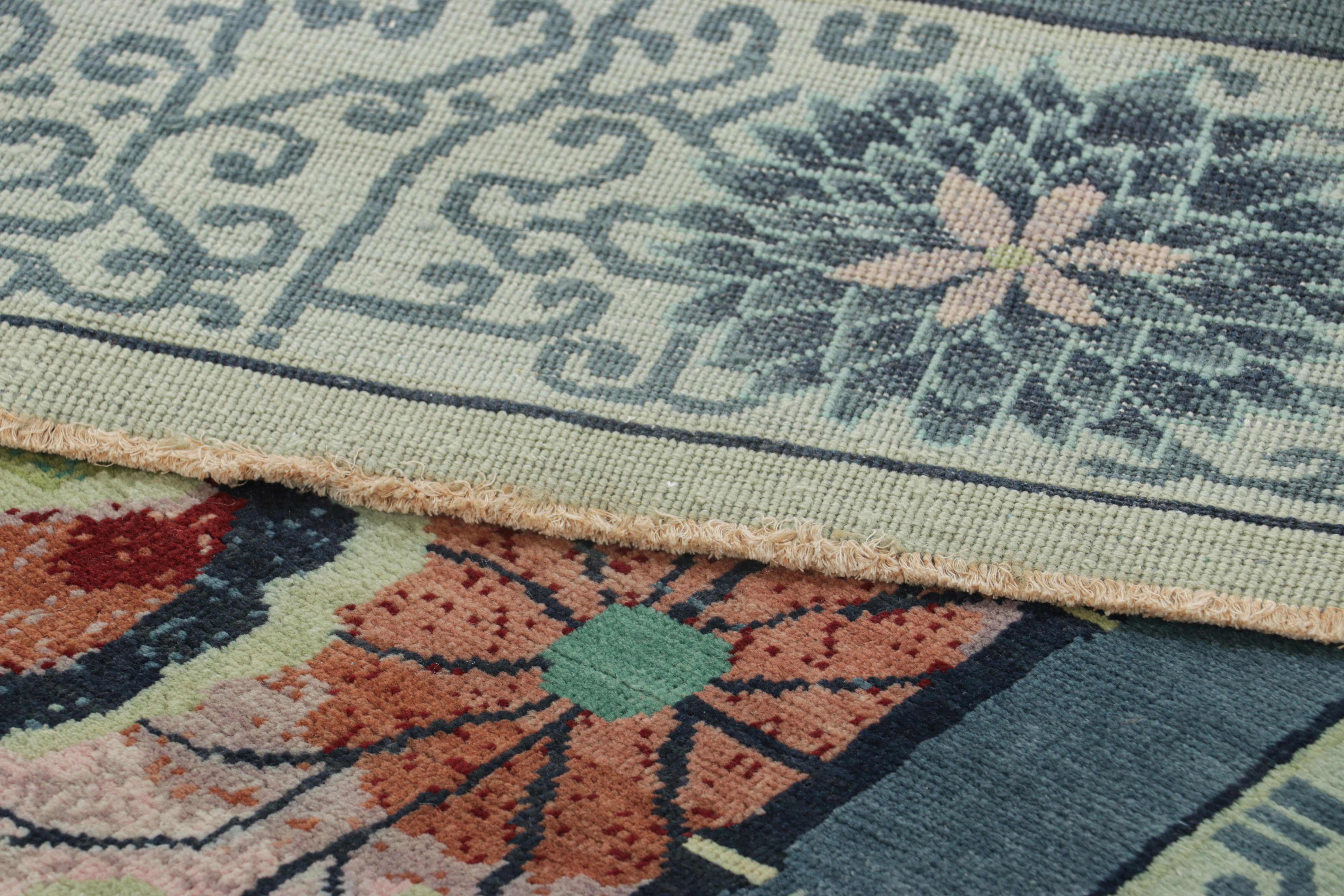 Rug & Kilim’s Chinese Art Deco Style Rug, Blue and Green with Floral Patterns For Sale 1