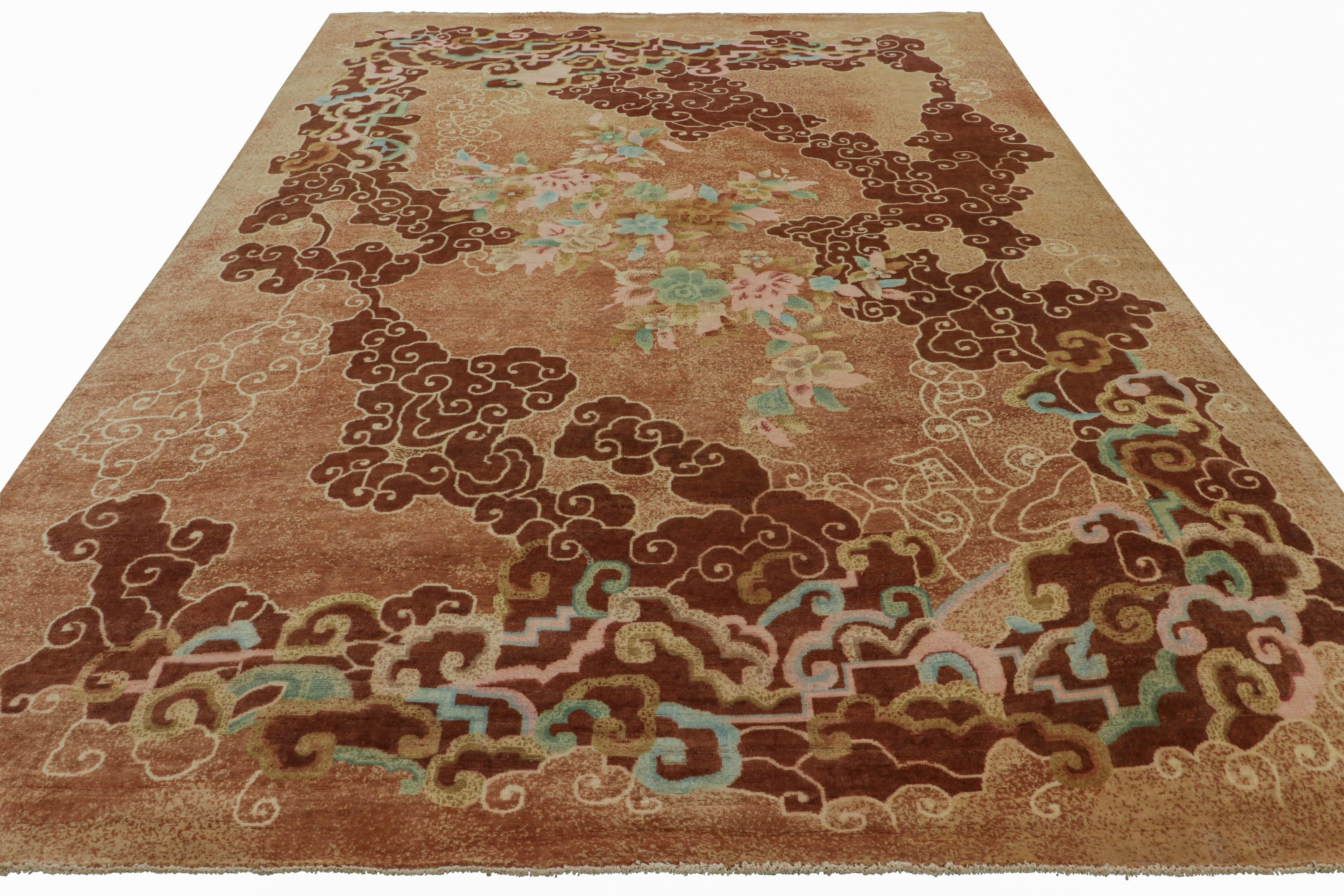 Noué à la main Rug & Kilim's Chinese Art Deco Style Rug, Brown with Clouds and Floral Patterns (tapis chinois de style art déco, brun avec nuages et motifs floraux) en vente