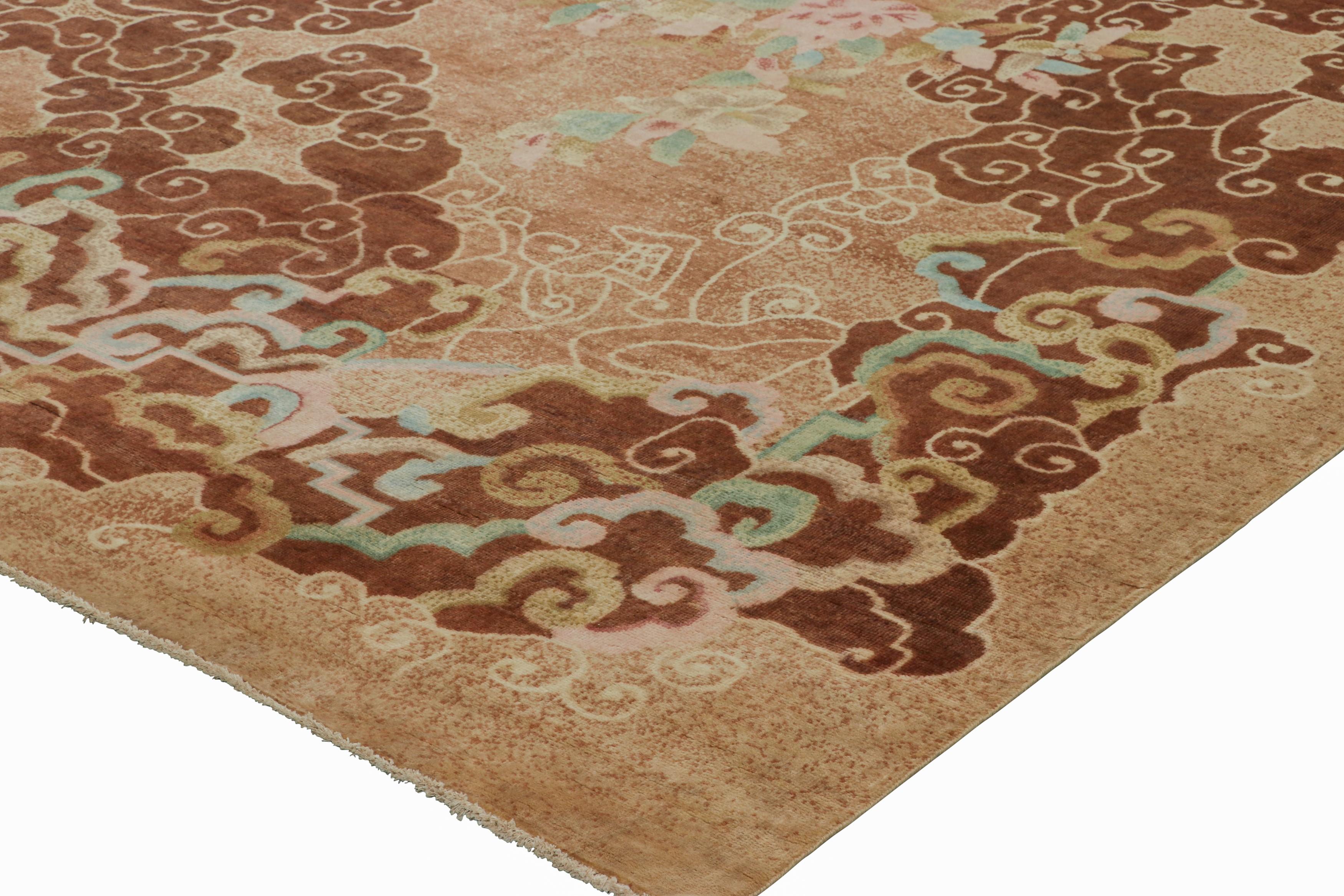 Rug & Kilim's Chinese Art Deco Style Rug, Brown with Clouds and Floral Patterns (tapis chinois de style art déco, brun avec nuages et motifs floraux) Neuf - En vente à Long Island City, NY