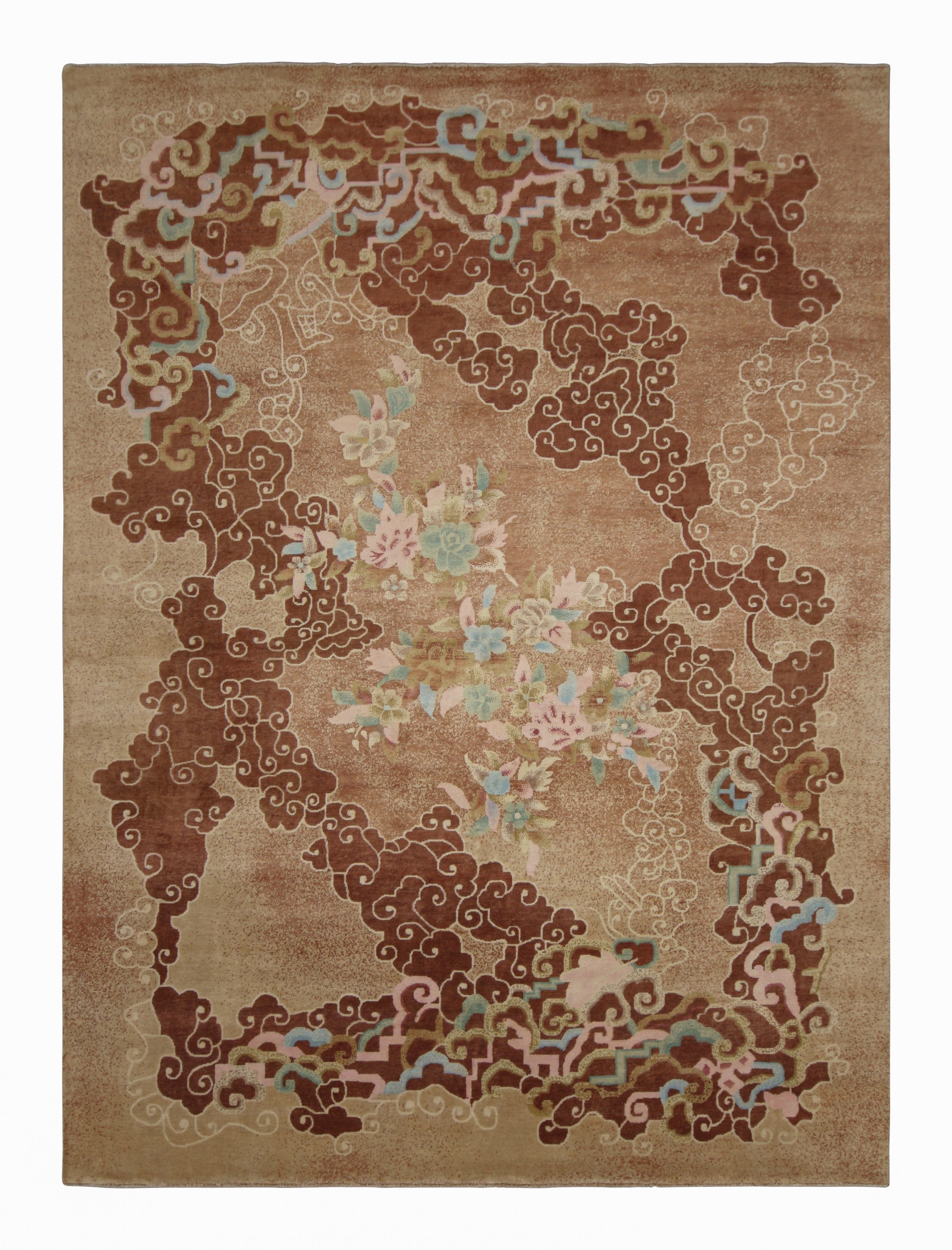 Rug & Kilim's Chinese Art Deco Style Rug, Brown with Clouds and Floral Patterns (tapis chinois de style art déco, brun avec nuages et motifs floraux) en vente