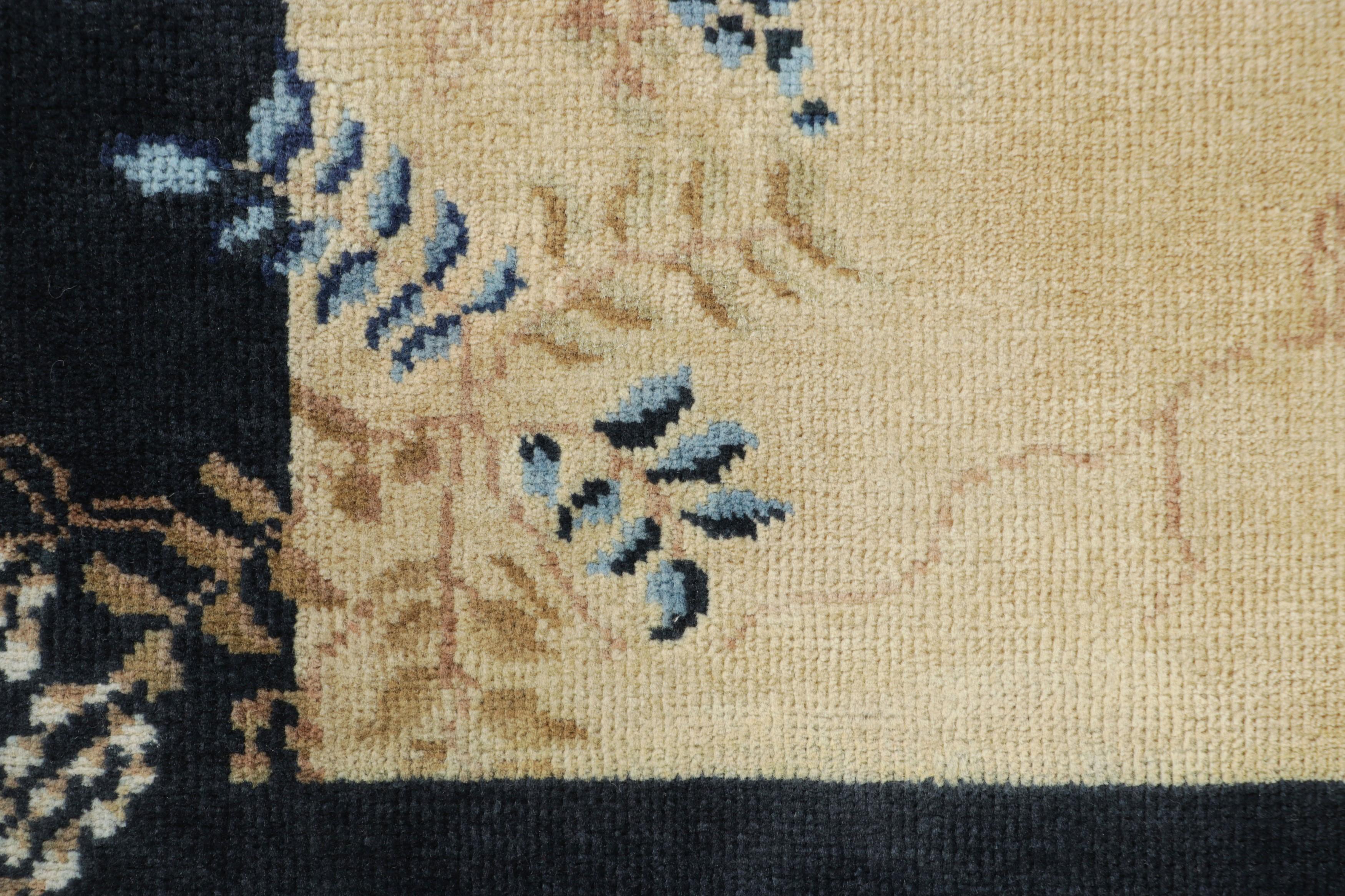 Indian Rug & Kilim’s Chinese Art Deco Style Rug, Cream and Navy Blue in Floral Patterns For Sale