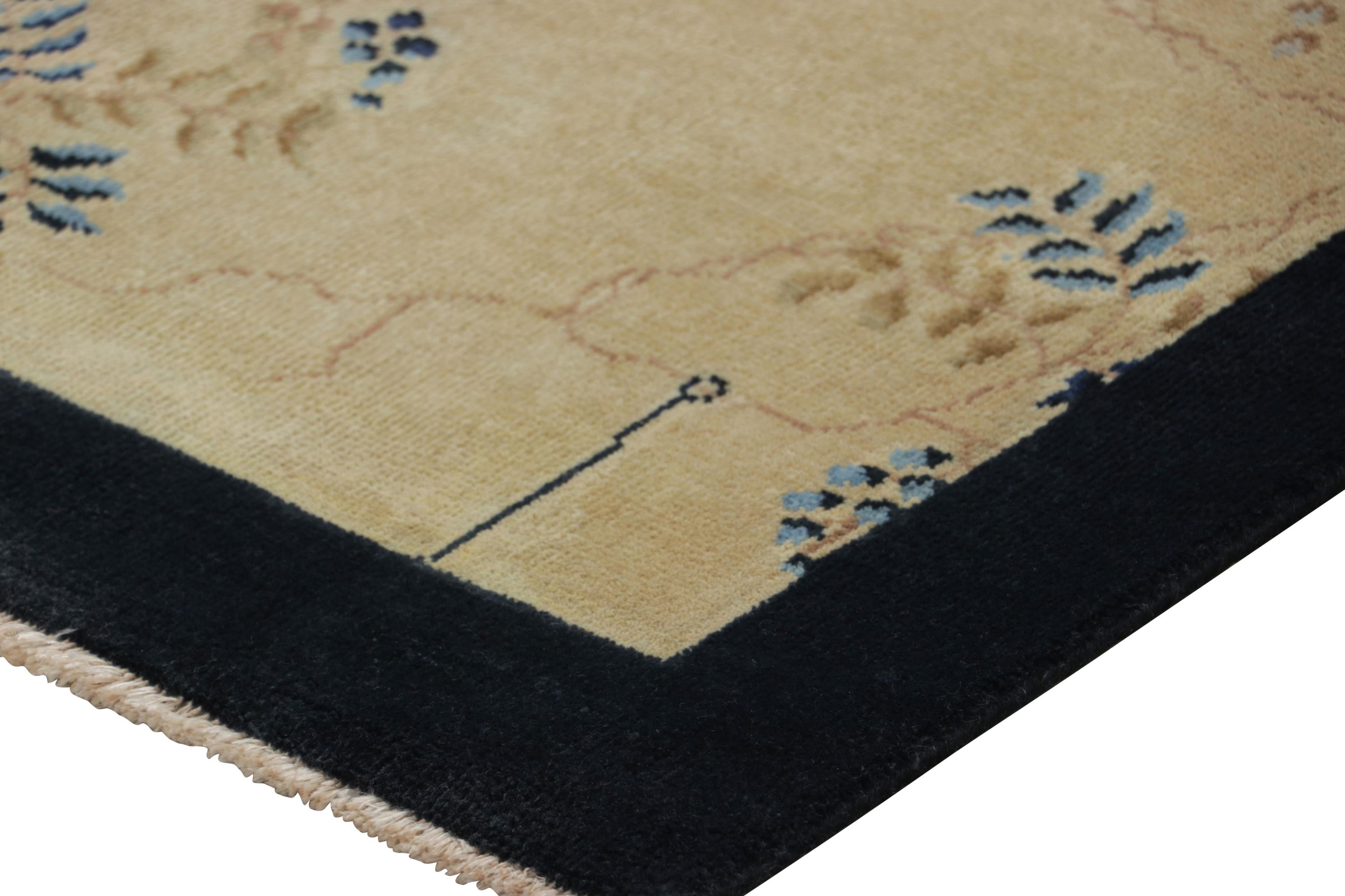 Contemporary Rug & Kilim’s Chinese Art Deco Style Rug, Cream and Navy Blue in Floral Patterns For Sale