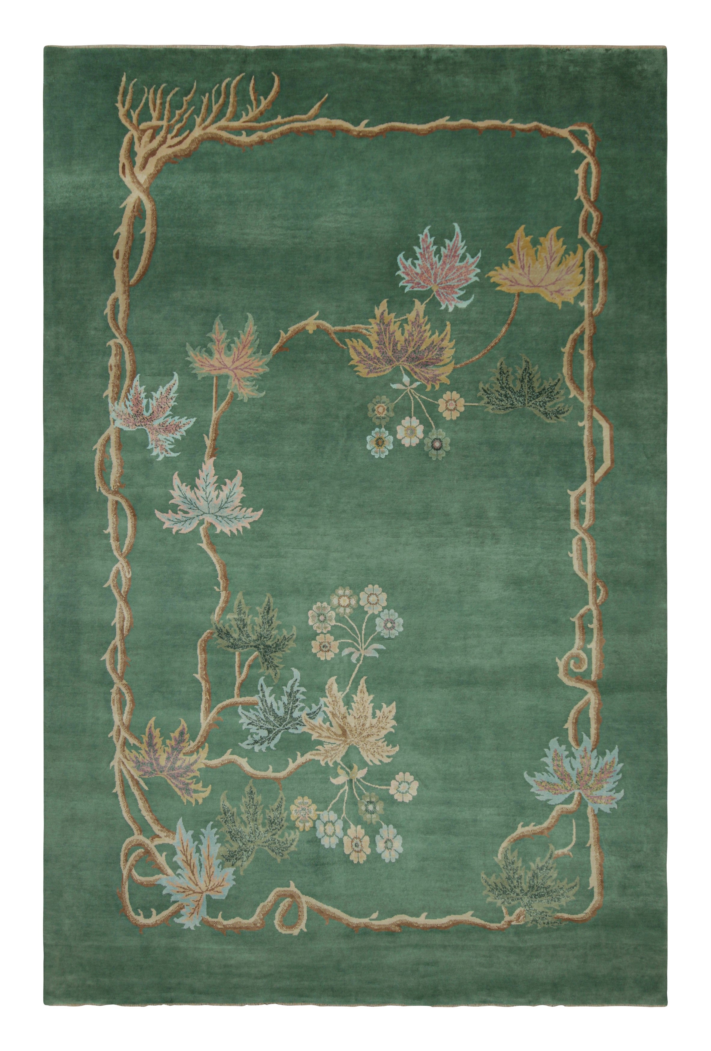 Rug & Kilim’s Chinese Art Deco Style Rug, Floral Patterns in Forest Green Ground