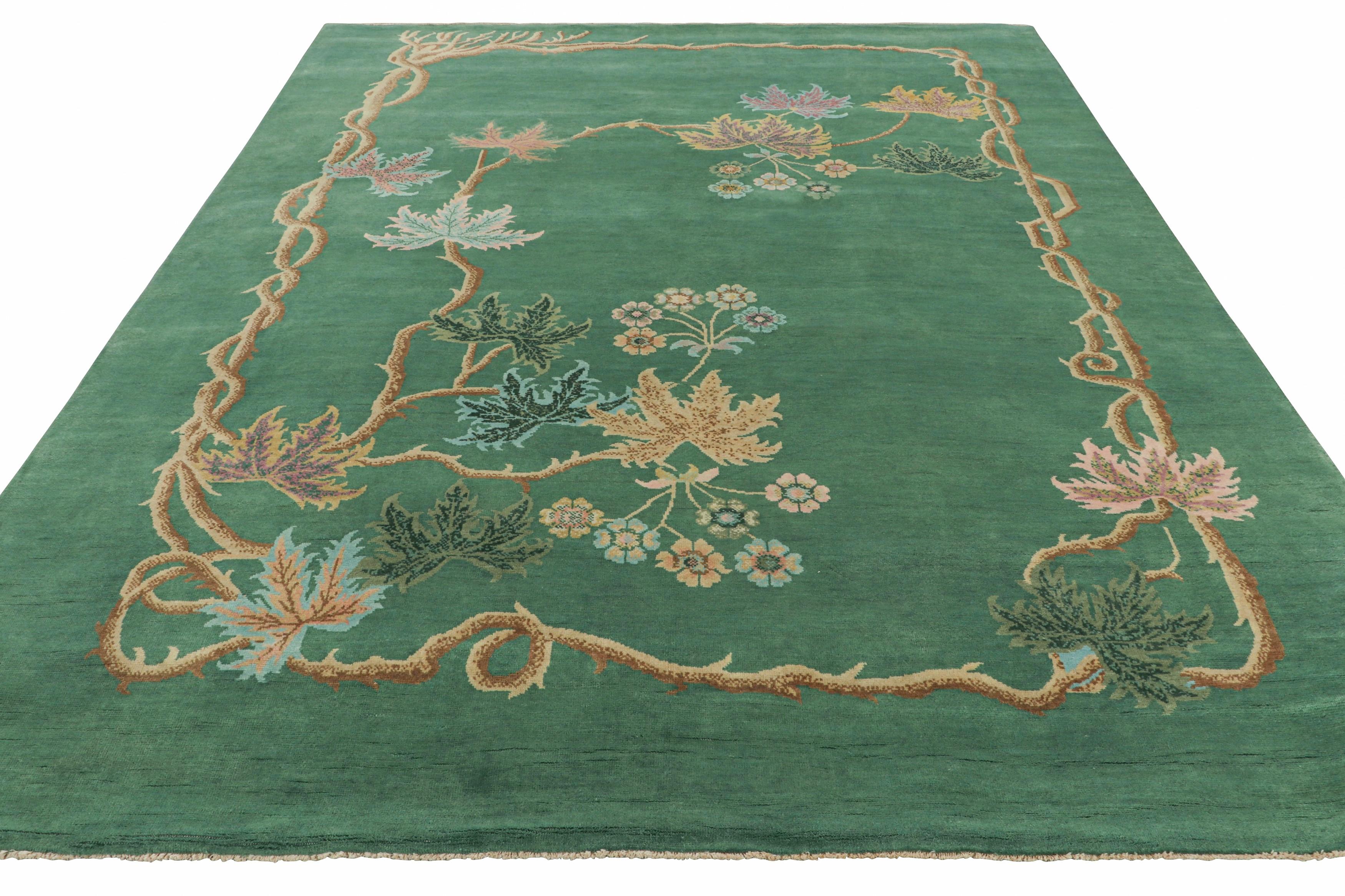 Tessuto a mano Rug & Kilim - Tappeto cinese in stile Art Deco, verde foresta con motivi floreali in vendita