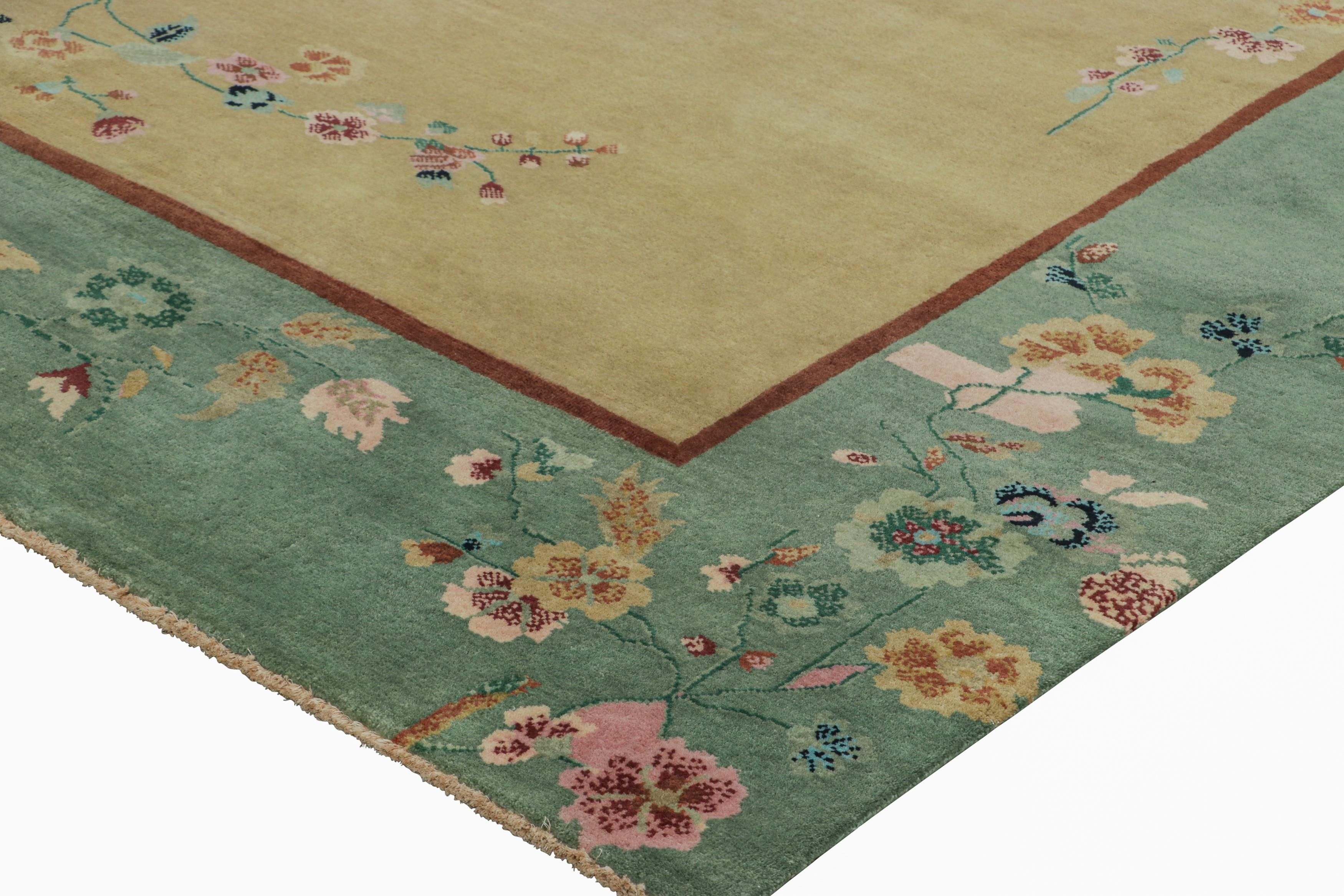 Contemporary Rug & Kilim’s Chinese Art Deco Style Rug, Gold and Green with Floral Patterns For Sale