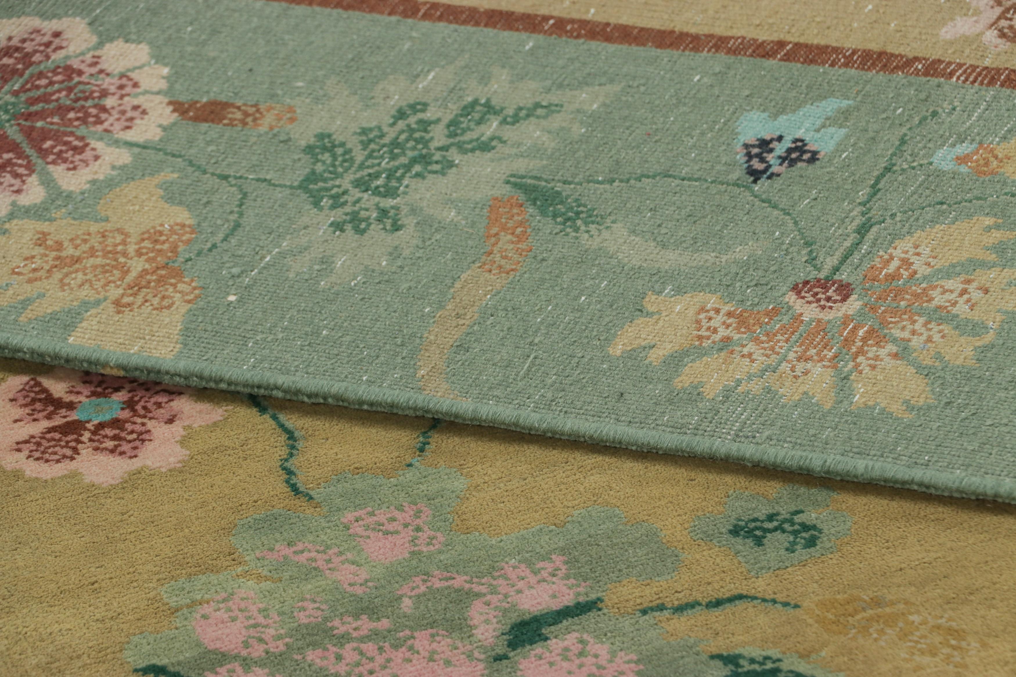 Wool Rug & Kilim’s Chinese Art Deco Style Rug, Gold and Green with Floral Patterns For Sale