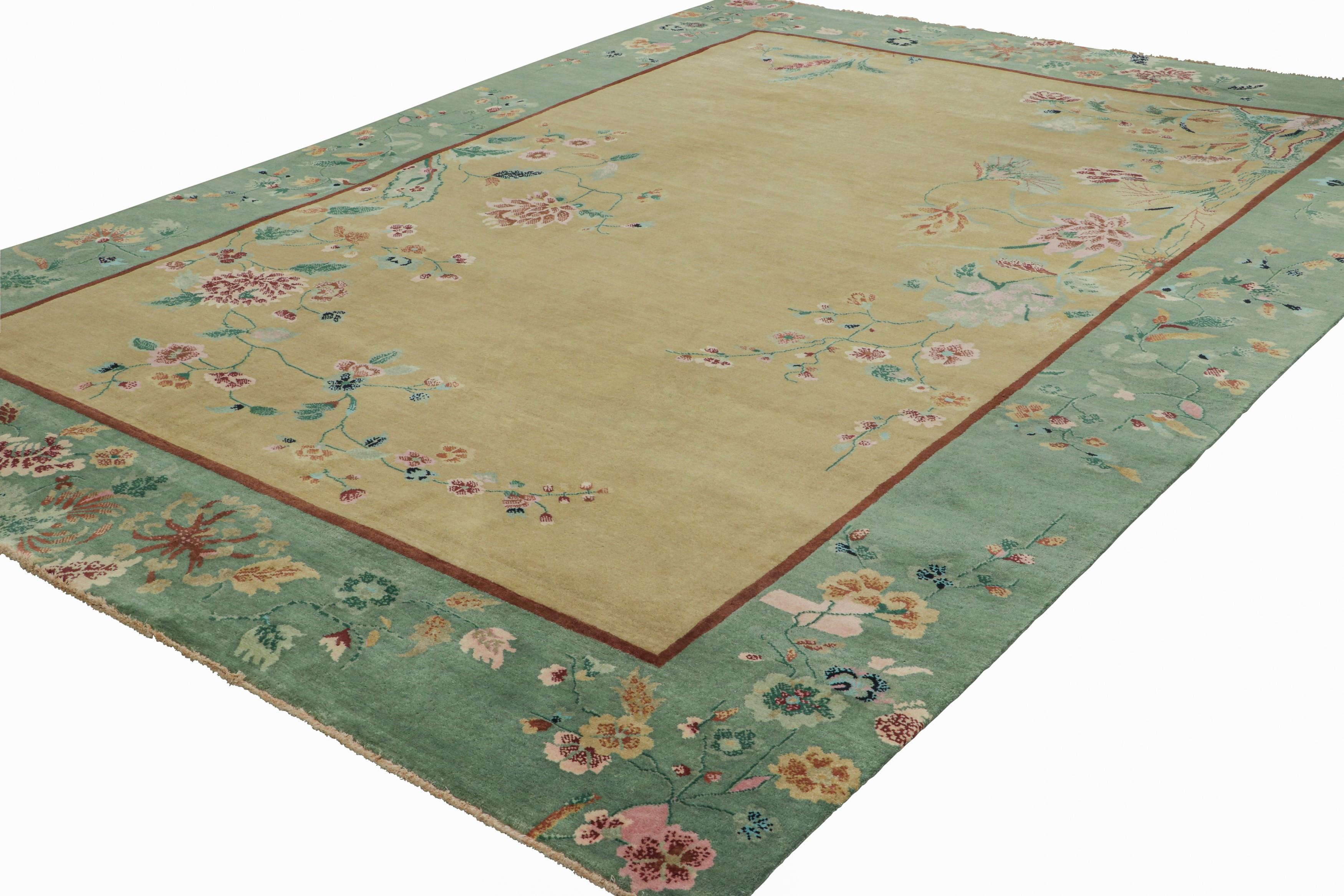 Hand-Knotted Rug & Kilim’s Chinese Art Deco Style Rug, Gold and Green with Floral Patterns For Sale