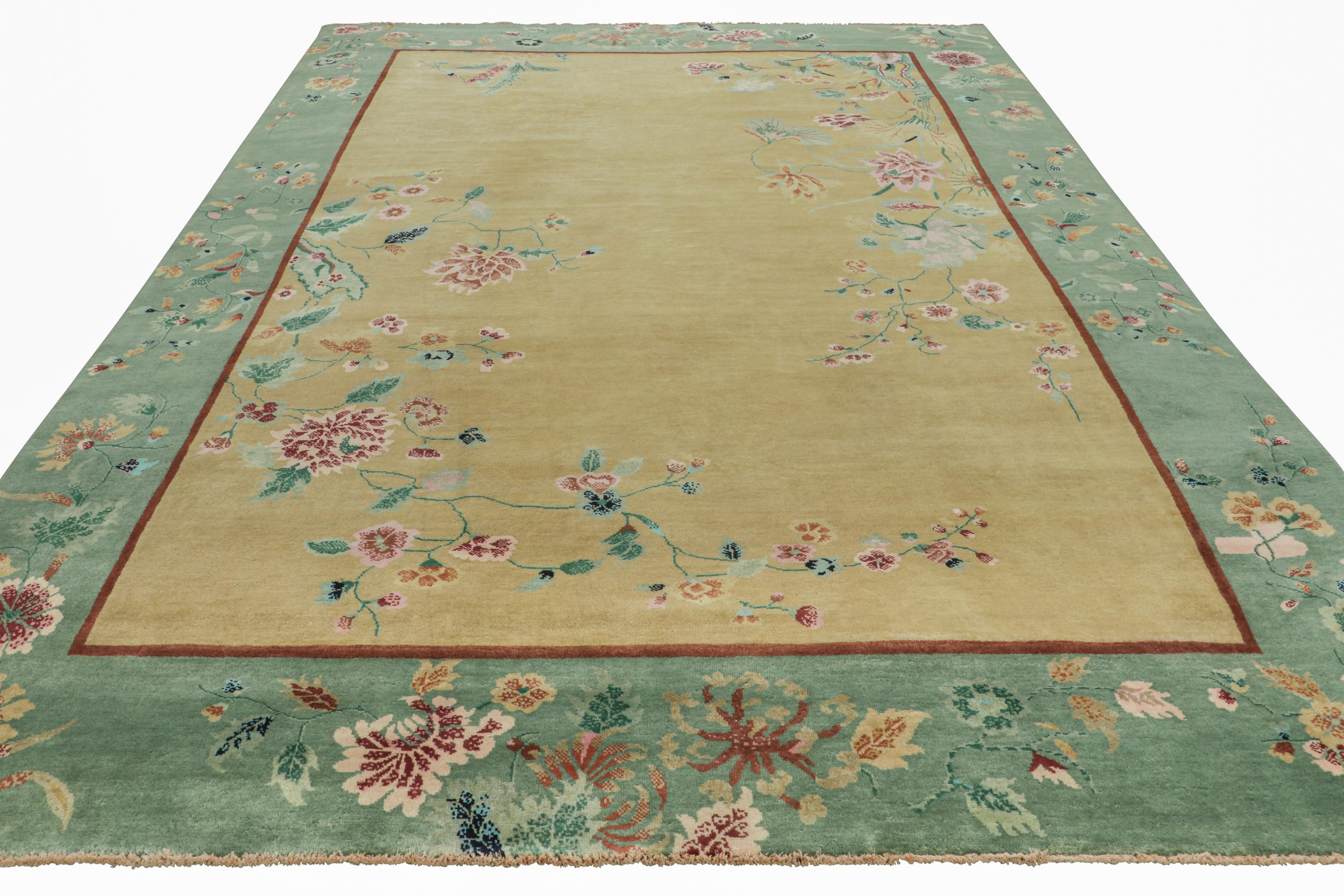 Rug & Kilim’s Chinese Art Deco Style Rug, Gold and Green with Floral Patterns In New Condition For Sale In Long Island City, NY