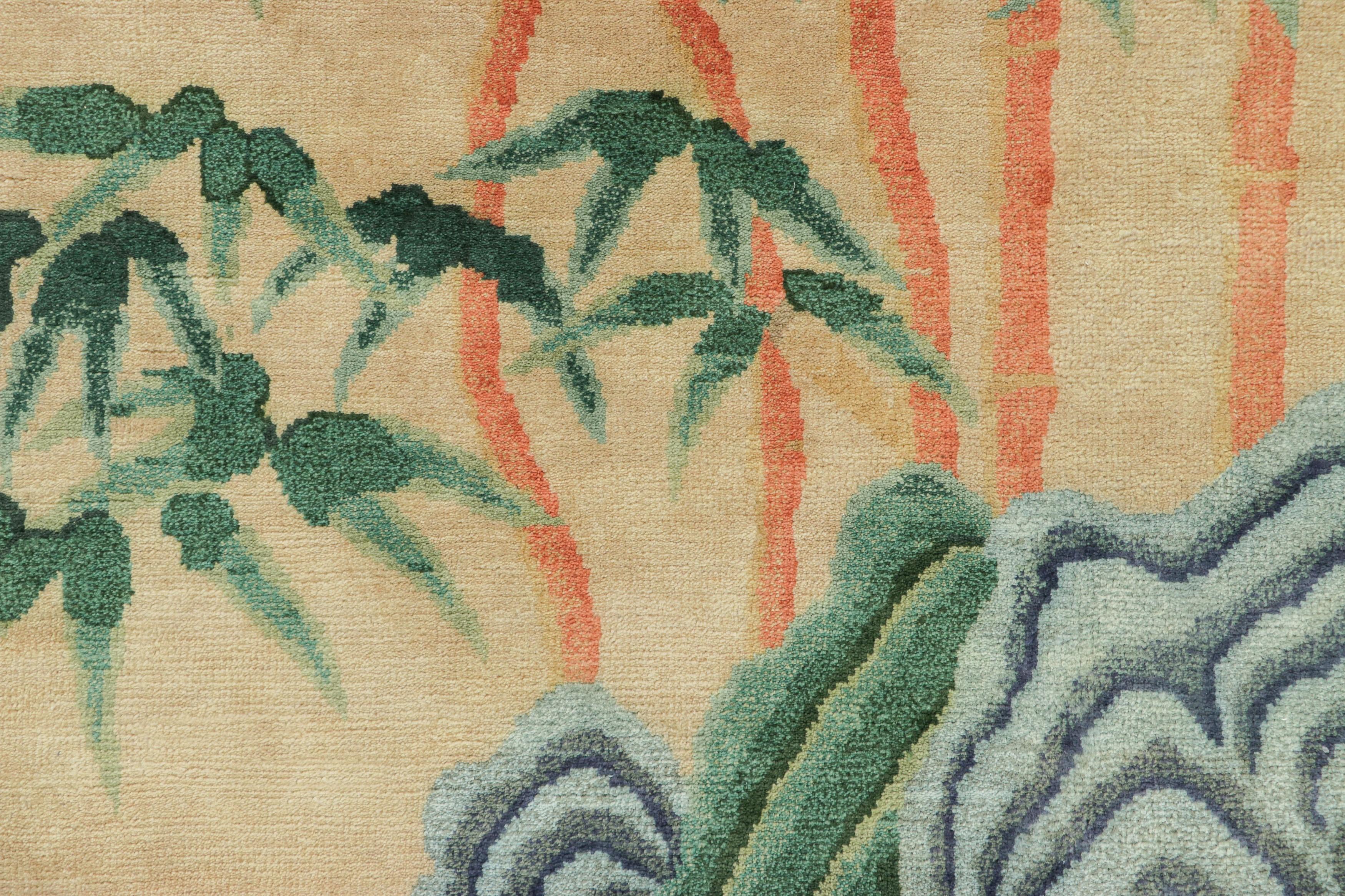 Indian Rug & Kilim’s Chinese Art Deco Style Rug, Gold Tones with Bamboo Floral Patterns For Sale