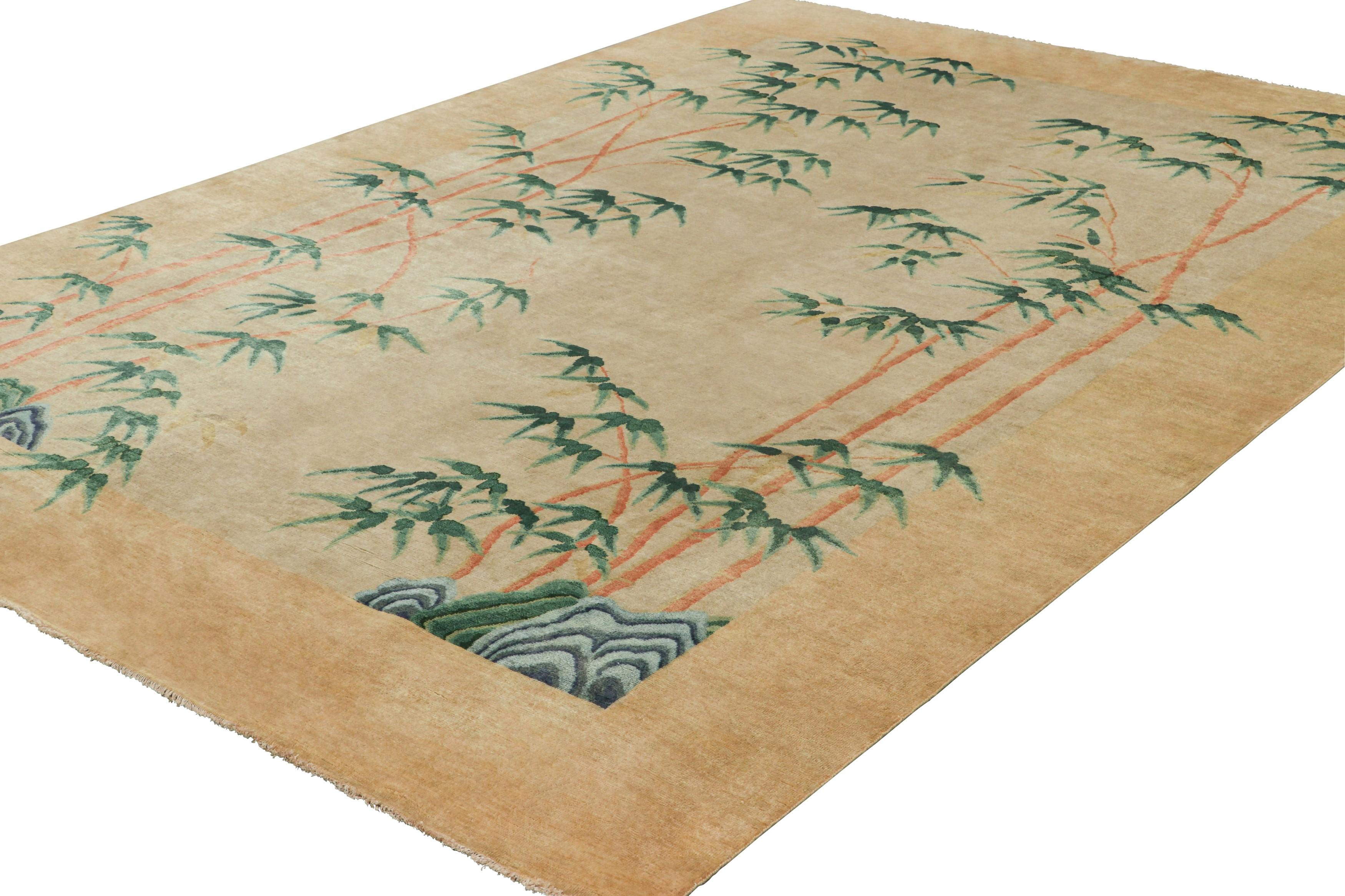 Hand-Knotted Rug & Kilim’s Chinese Art Deco Style Rug, Gold Tones with Bamboo Floral Patterns For Sale
