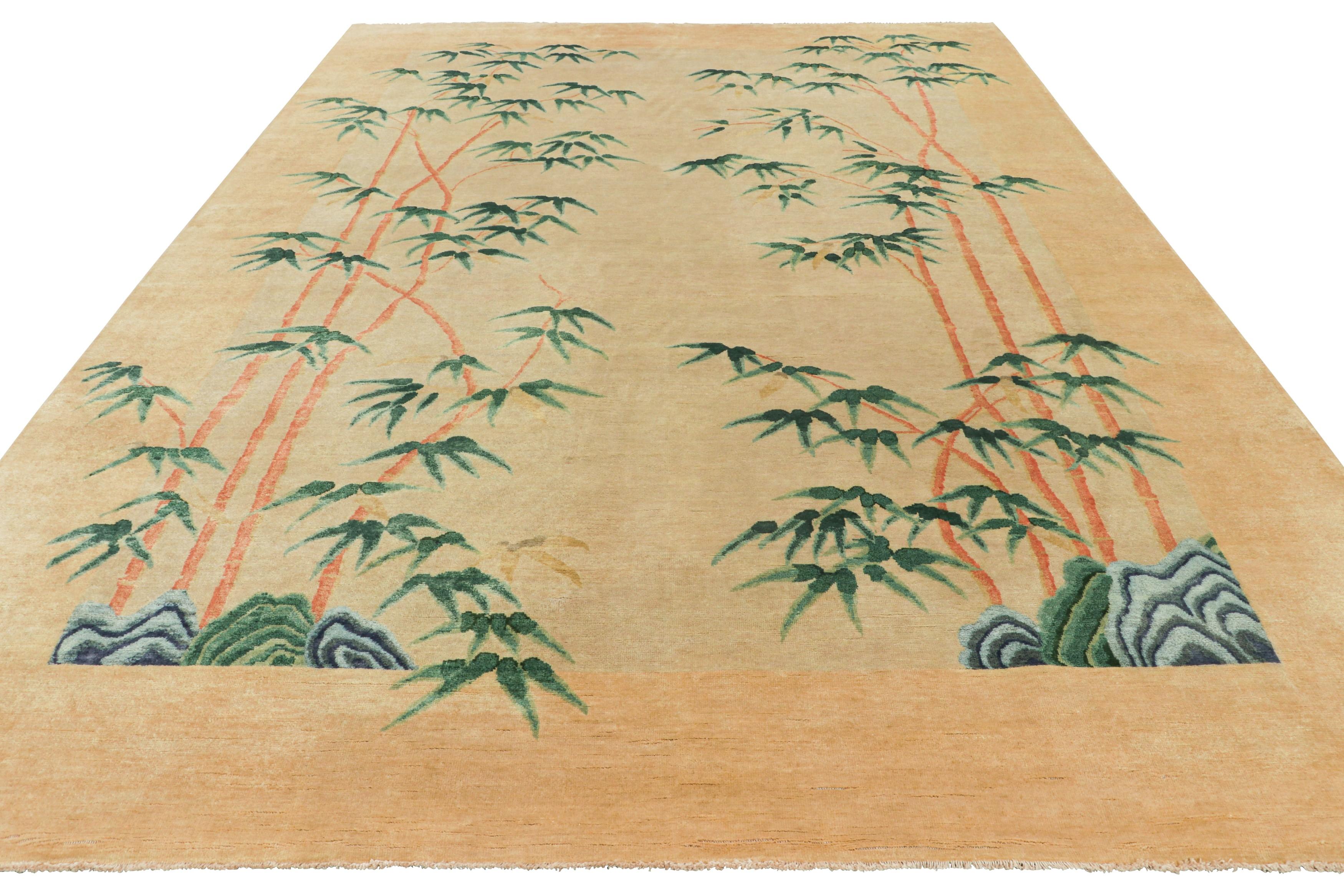 Rug & Kilim’s Chinese Art Deco Style Rug, Gold Tones with Bamboo Floral Patterns In New Condition For Sale In Long Island City, NY