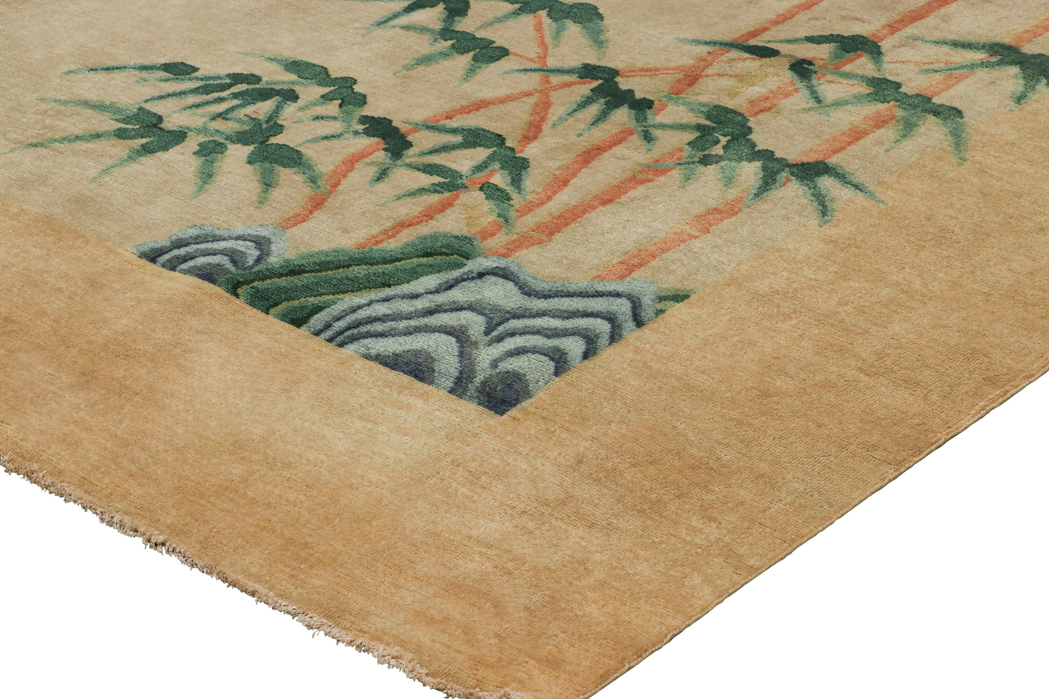 Contemporary Rug & Kilim’s Chinese Art Deco Style Rug, Gold Tones with Bamboo Floral Patterns For Sale