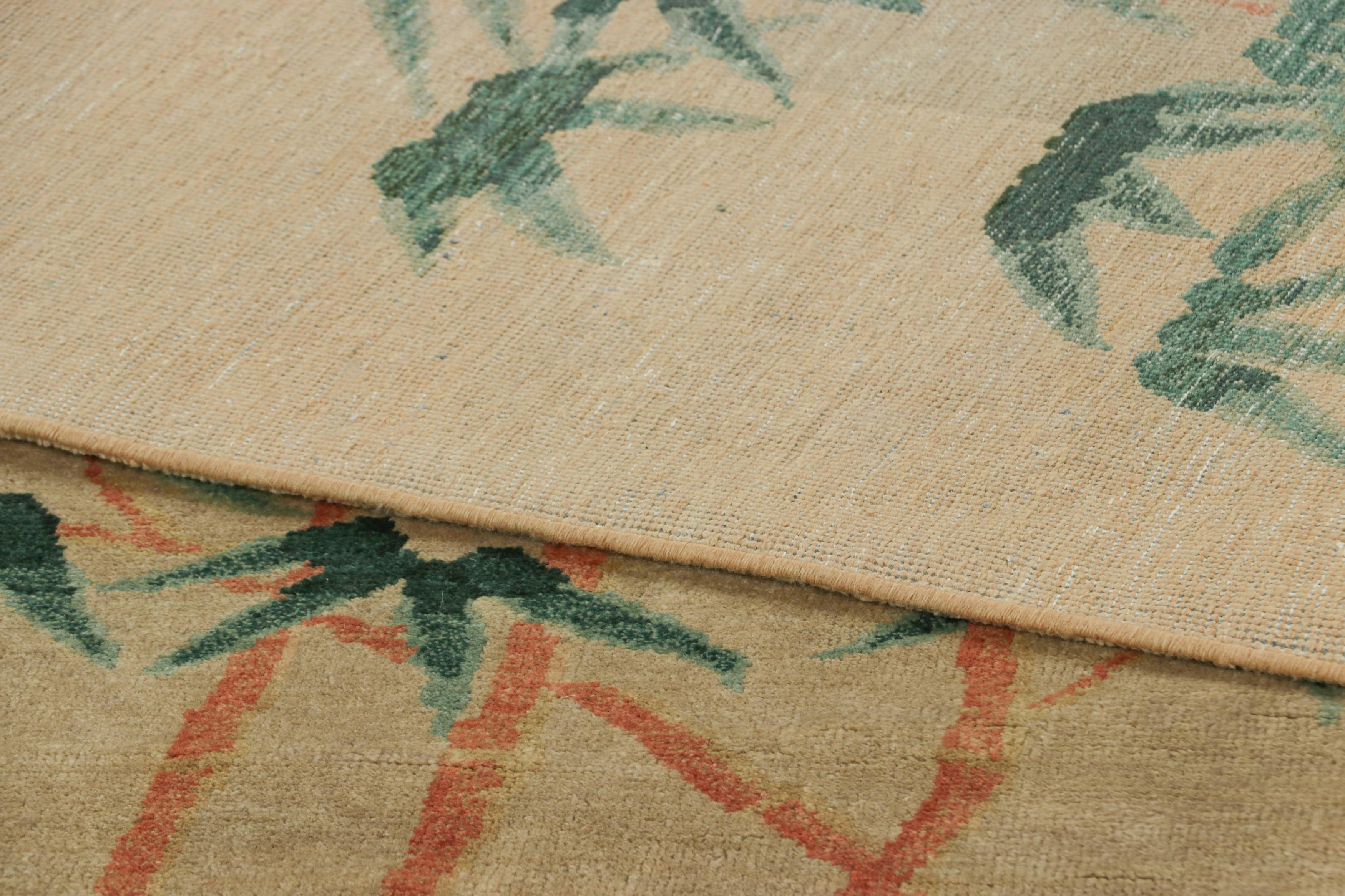 Wool Rug & Kilim’s Chinese Art Deco Style Rug, Gold Tones with Bamboo Floral Patterns For Sale