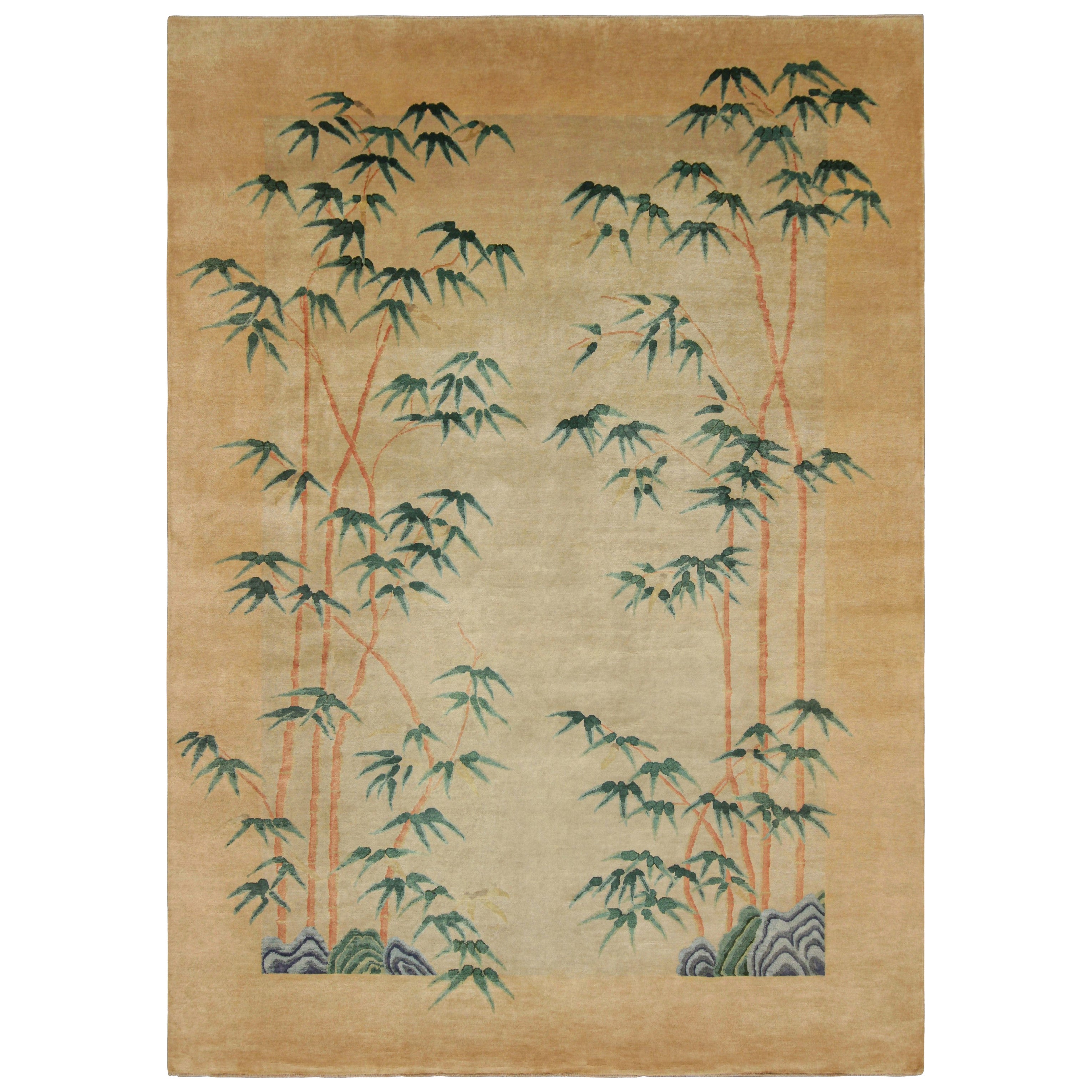 Rug
Kilim
s Chinesischer Teppich im Art Deco Stil, Goldtöne mit floralen Bambusmustern