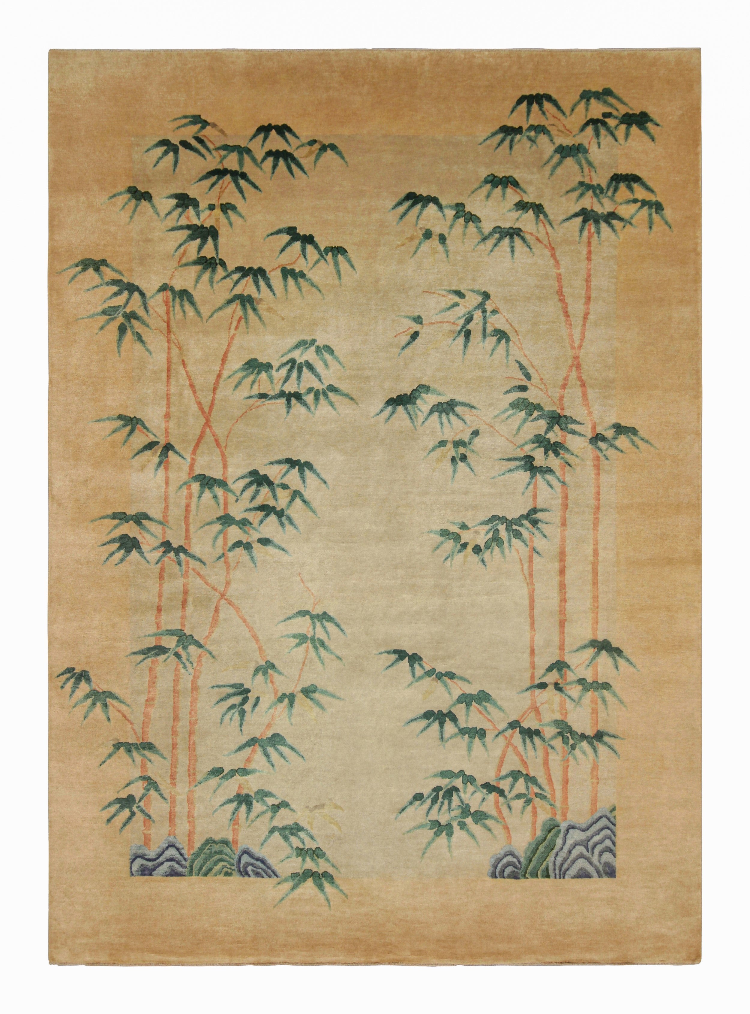 Rug & Kilim’s Chinese Art Deco Style Rug, Gold Tones with Bamboo Floral Patterns For Sale