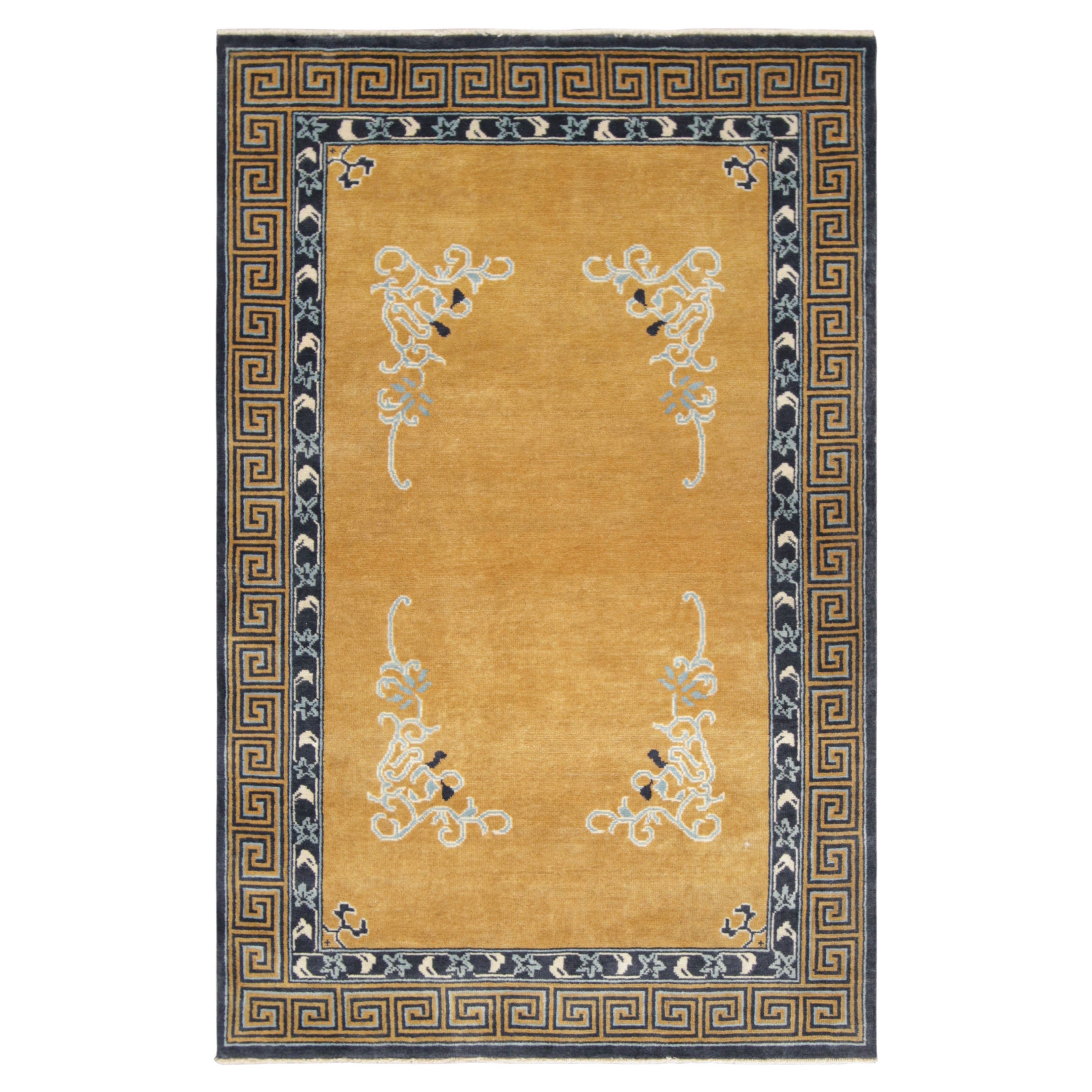Rug & Kilim - Tappeto cinese in stile Art Deco in oro ambrato con motivi floreali