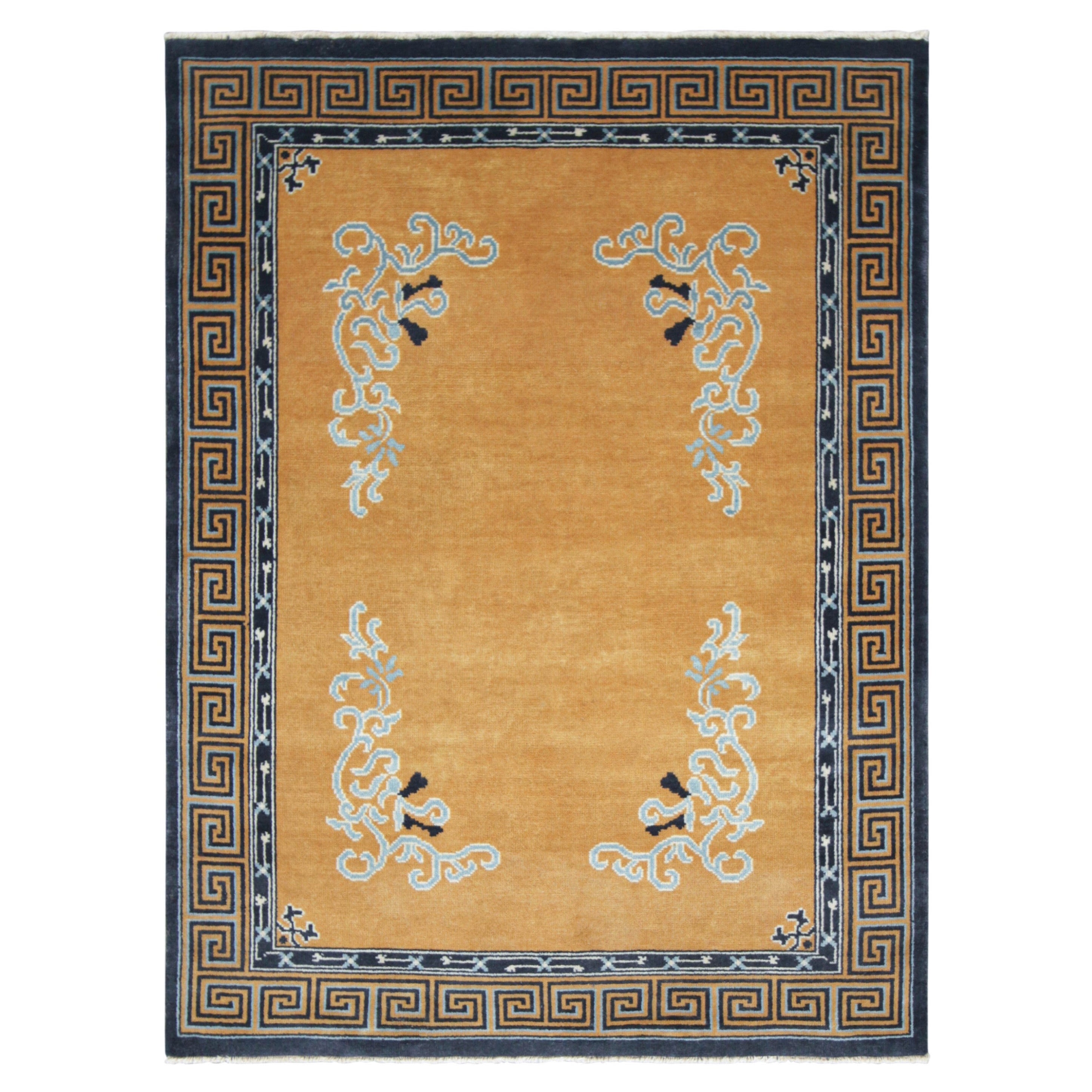 Rug & Kilim - Tappeto cinese in stile Art Deco in oro ambrato con motivi floreali
