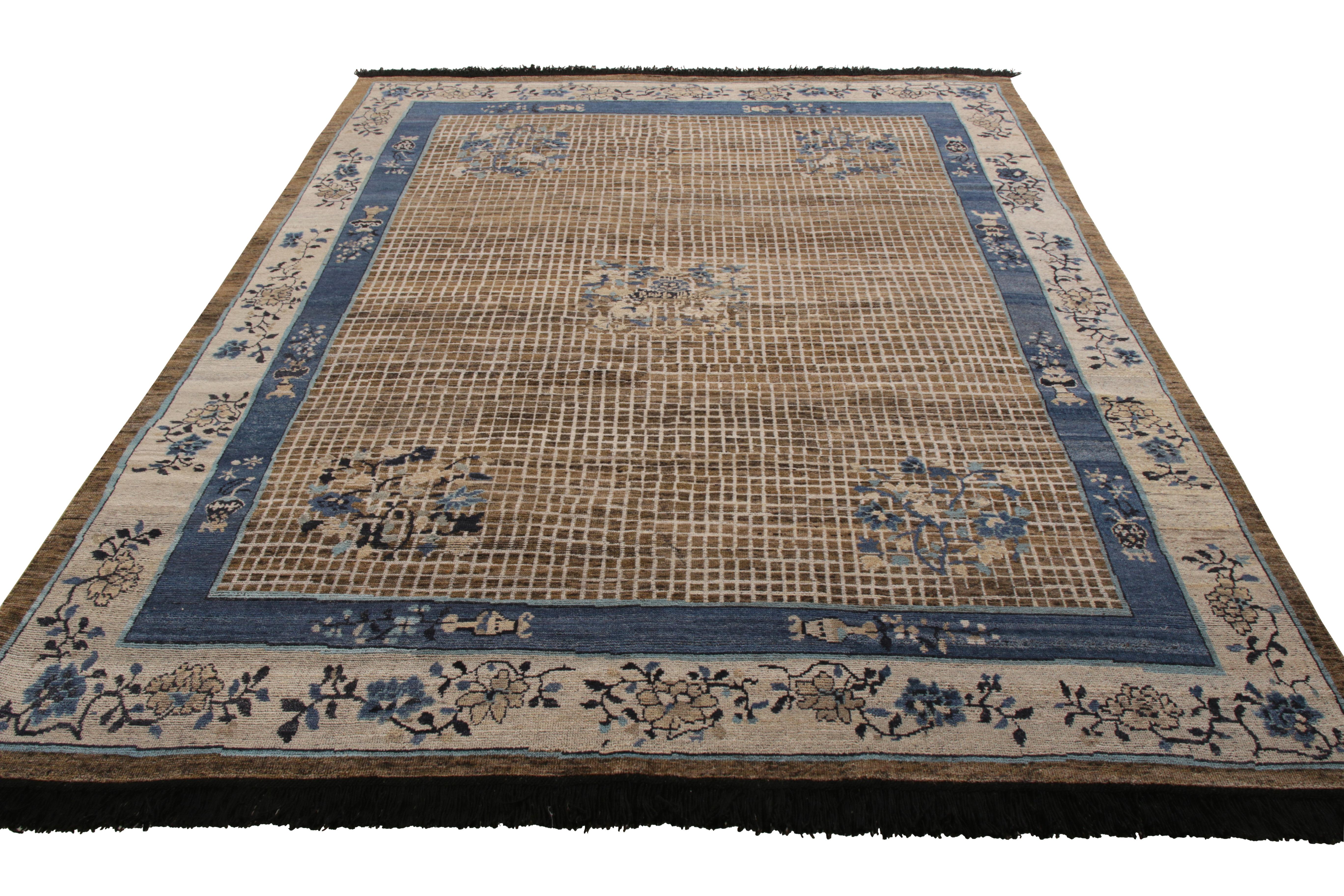 An 8x10 ode to celebrated Chinese Art Deco rug styles, from Rug & Kilim’s Burano Collection. Hand knotted in wool, enjoying a sophisticated beige-brown and blue play complementing elegant medallion floral patterns. Exemplary in scale, subtle