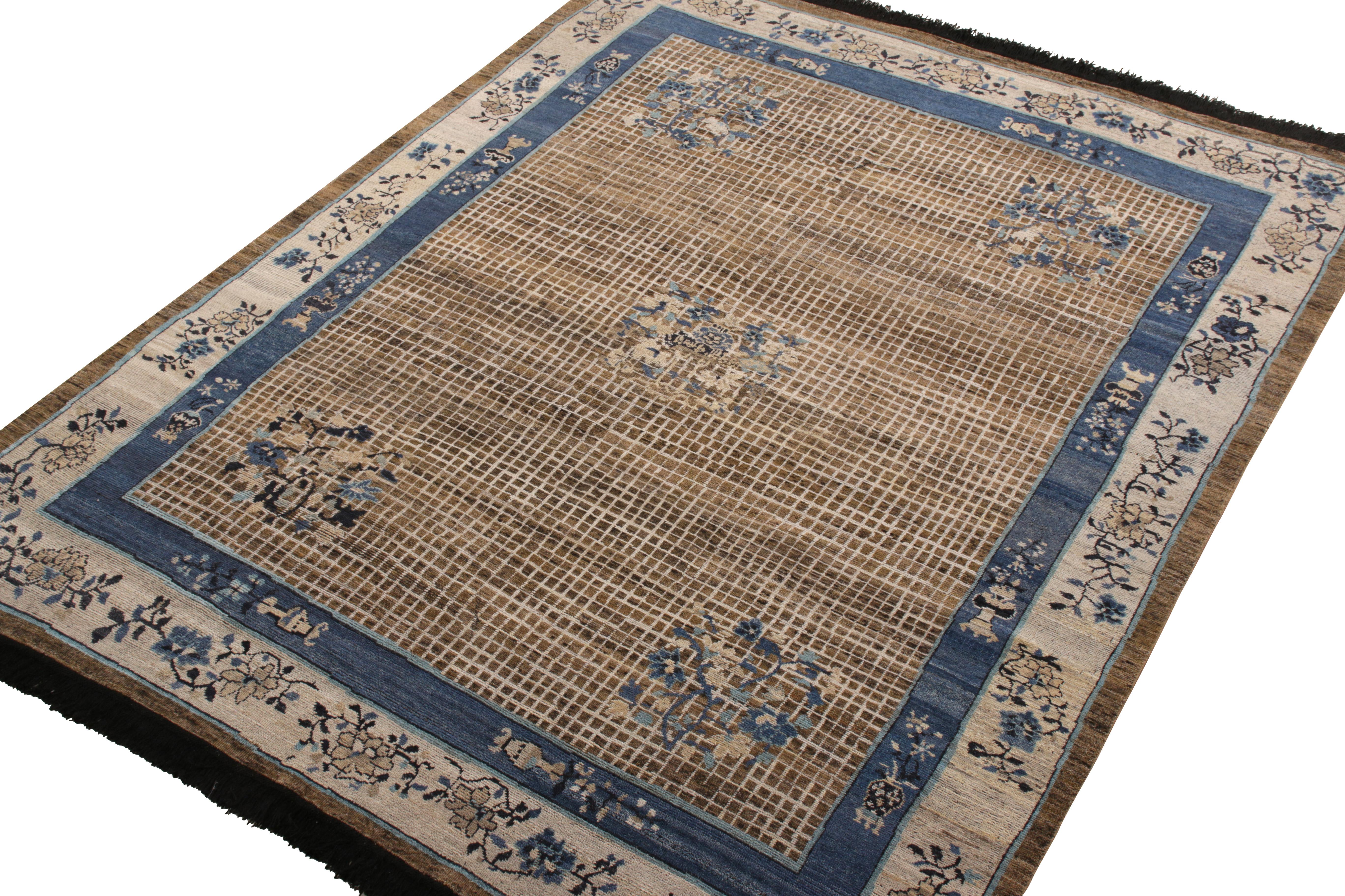 Modern Rug & Kilim’s Chinese Art Deco Style Rug in Beige-Brown and Blue Medallion Style For Sale