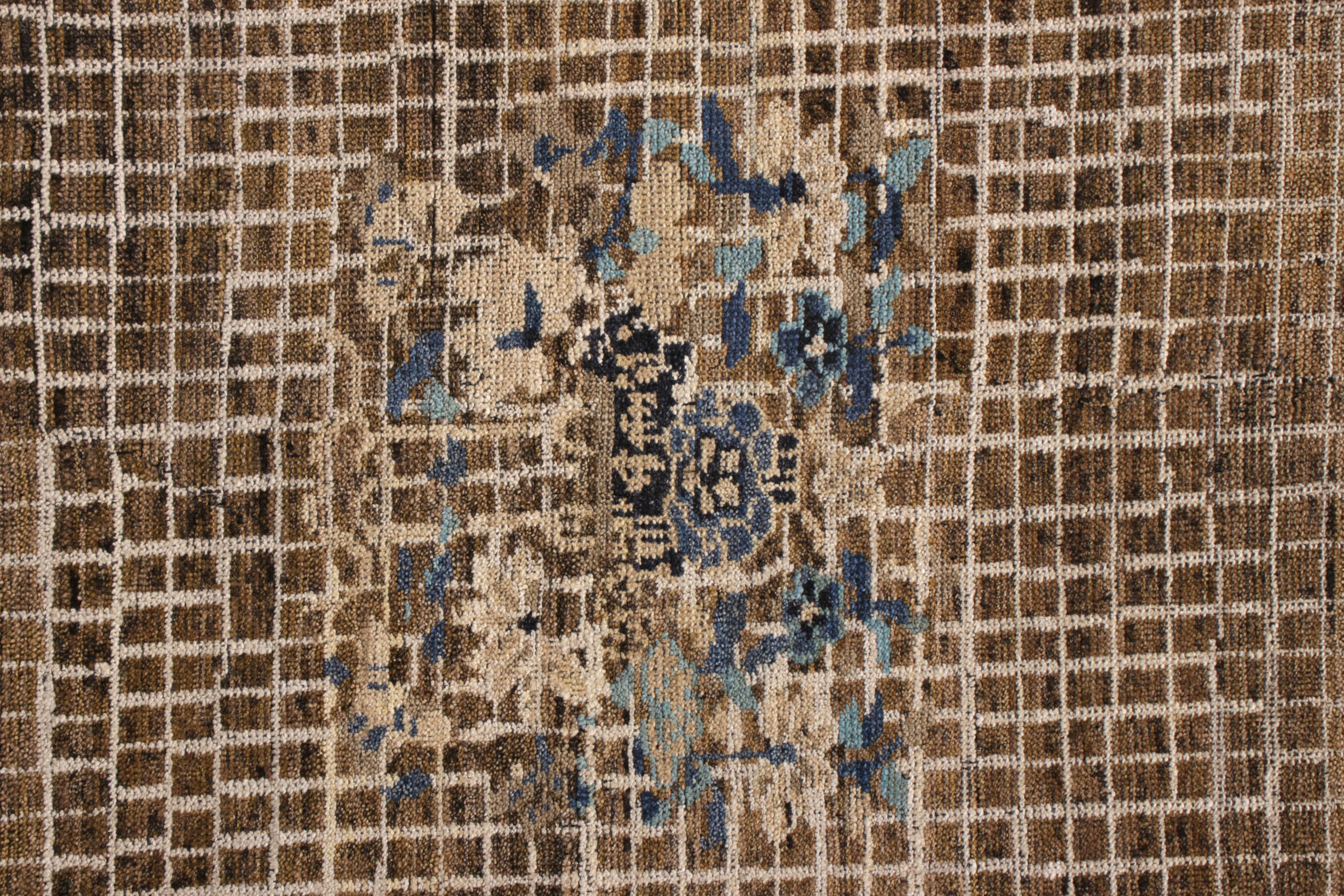 Hand-Knotted Rug & Kilim’s Chinese Art Deco Style Rug in Beige-Brown and Blue Medallion Style For Sale