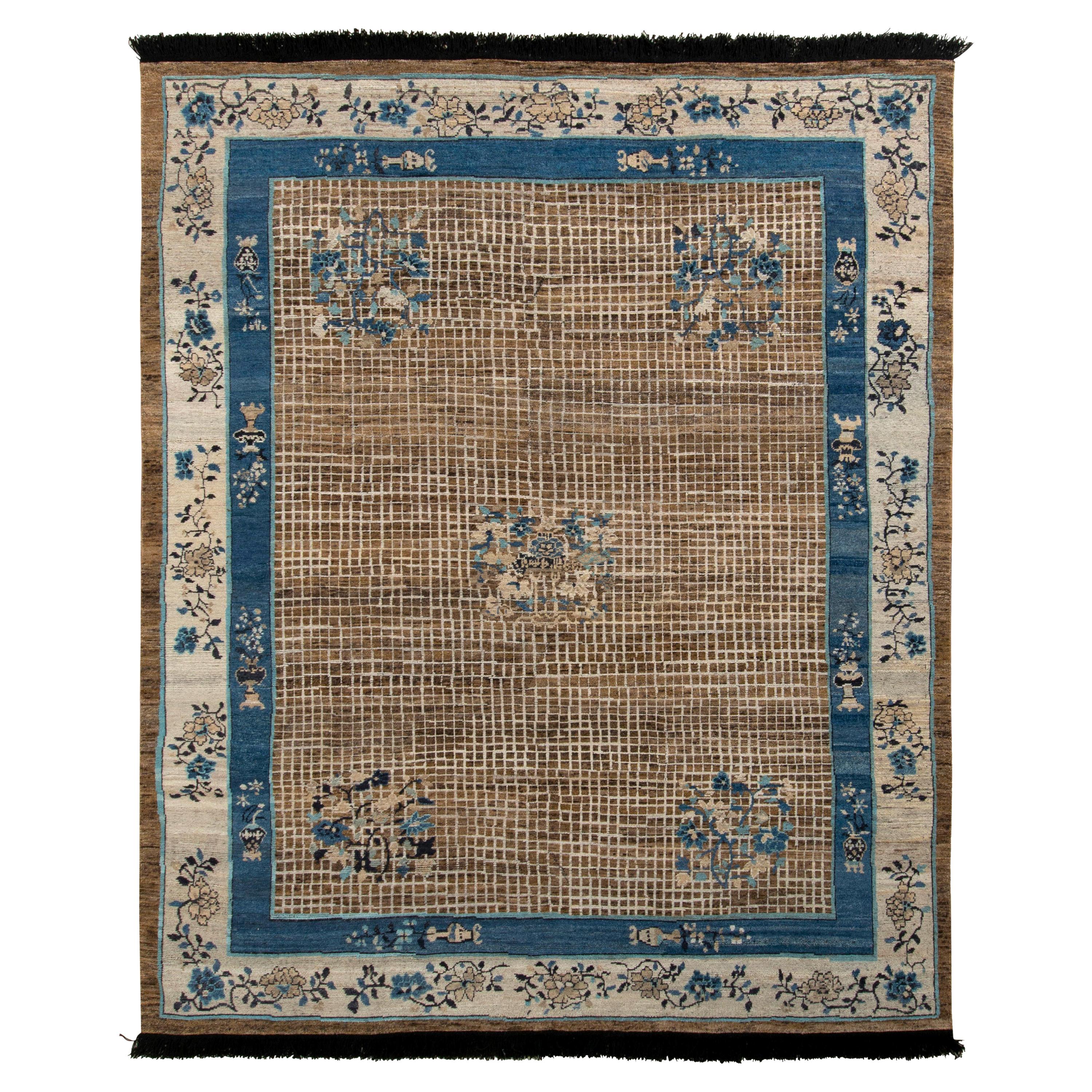 Rug & Kilim's chinesischer Art-Deco-Teppich in Beige-Braun und blauem Medaillon-Stil