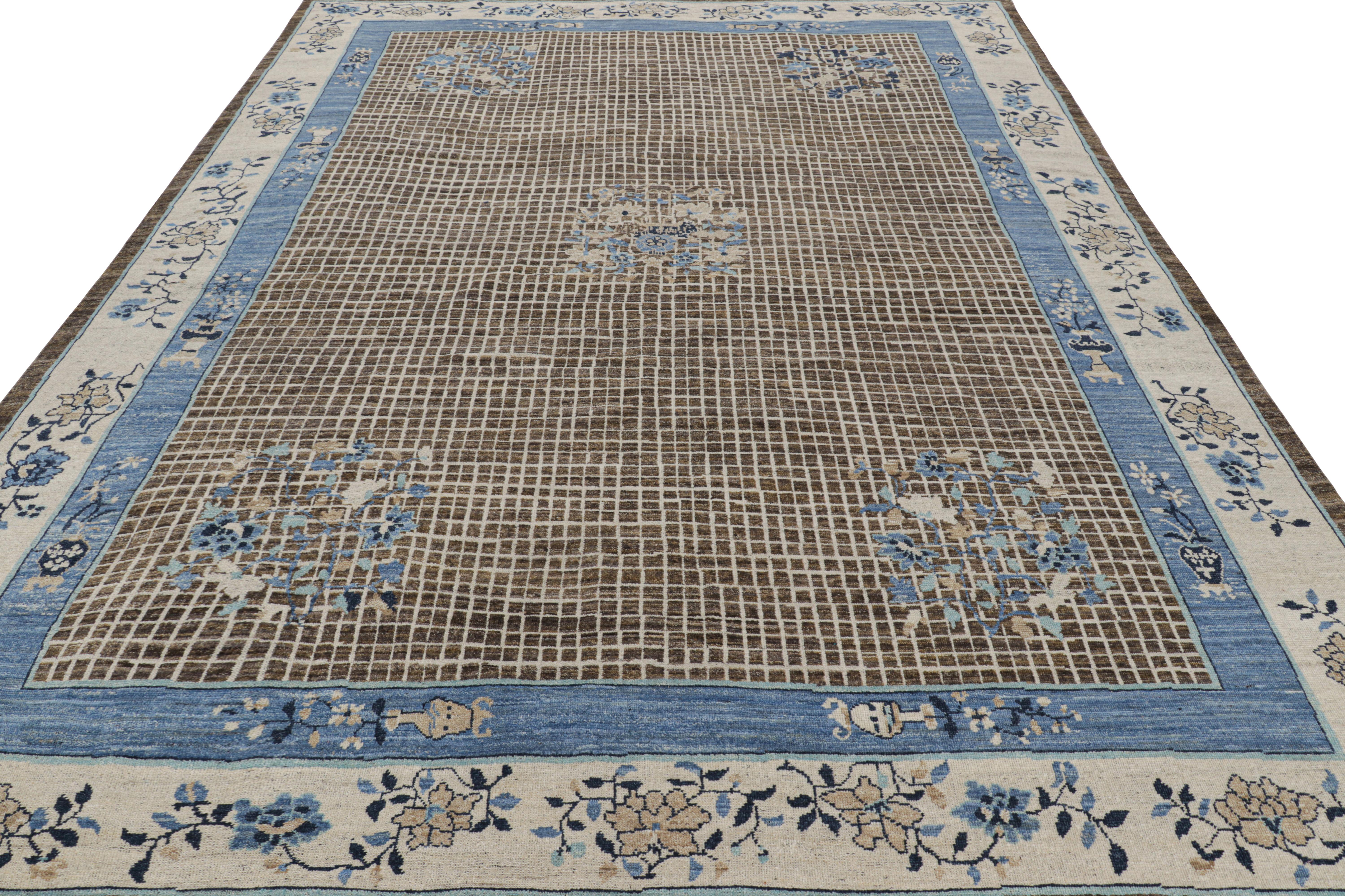 Indiano Rug & Kilim è un tappeto cinese in stile Art Deco di colore beige-marrone e blu con motivi floreali in vendita