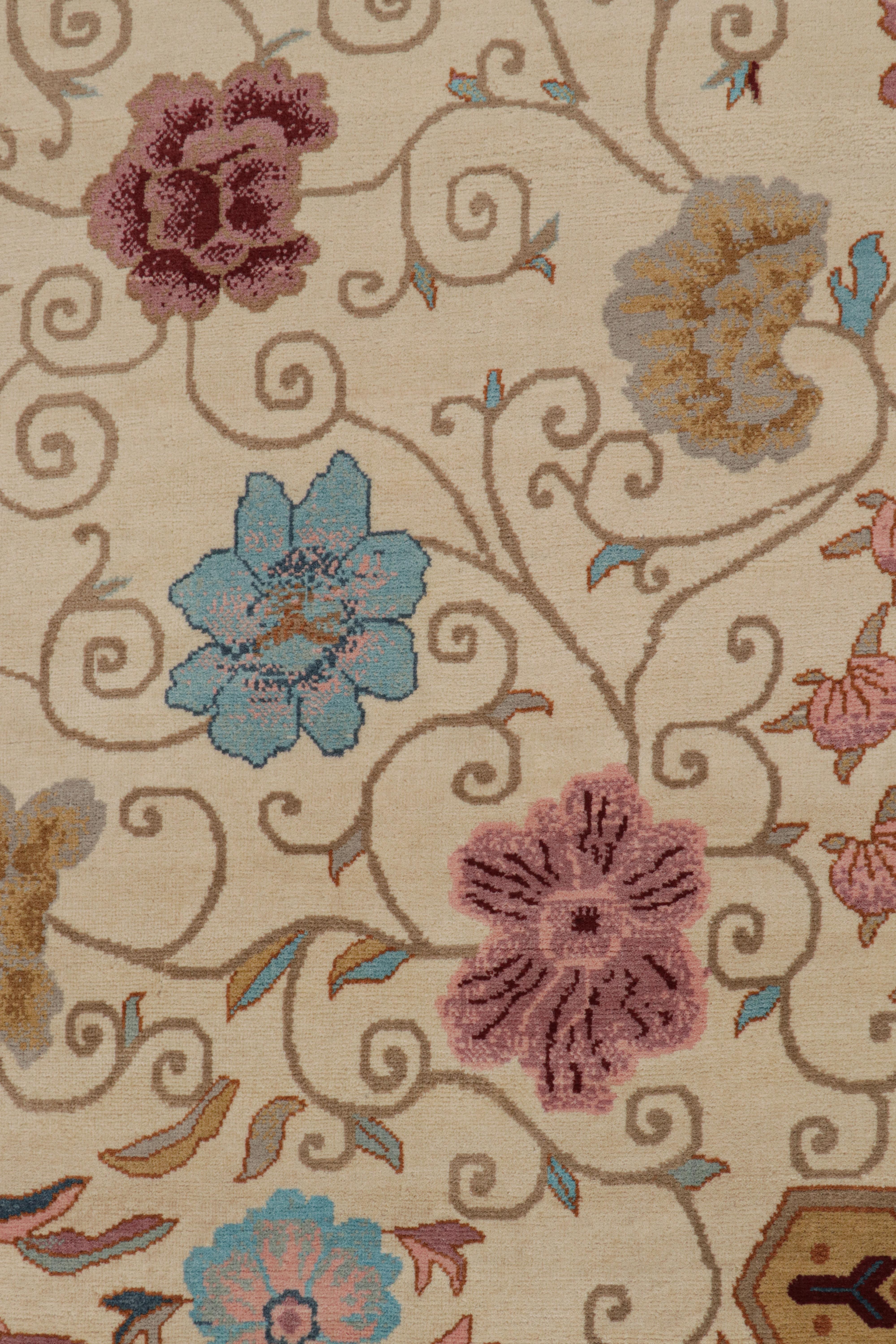 Indian Rug & Kilim’s Chinese Art Deco Style Rug in Beige-Brown with Floral Patterns For Sale