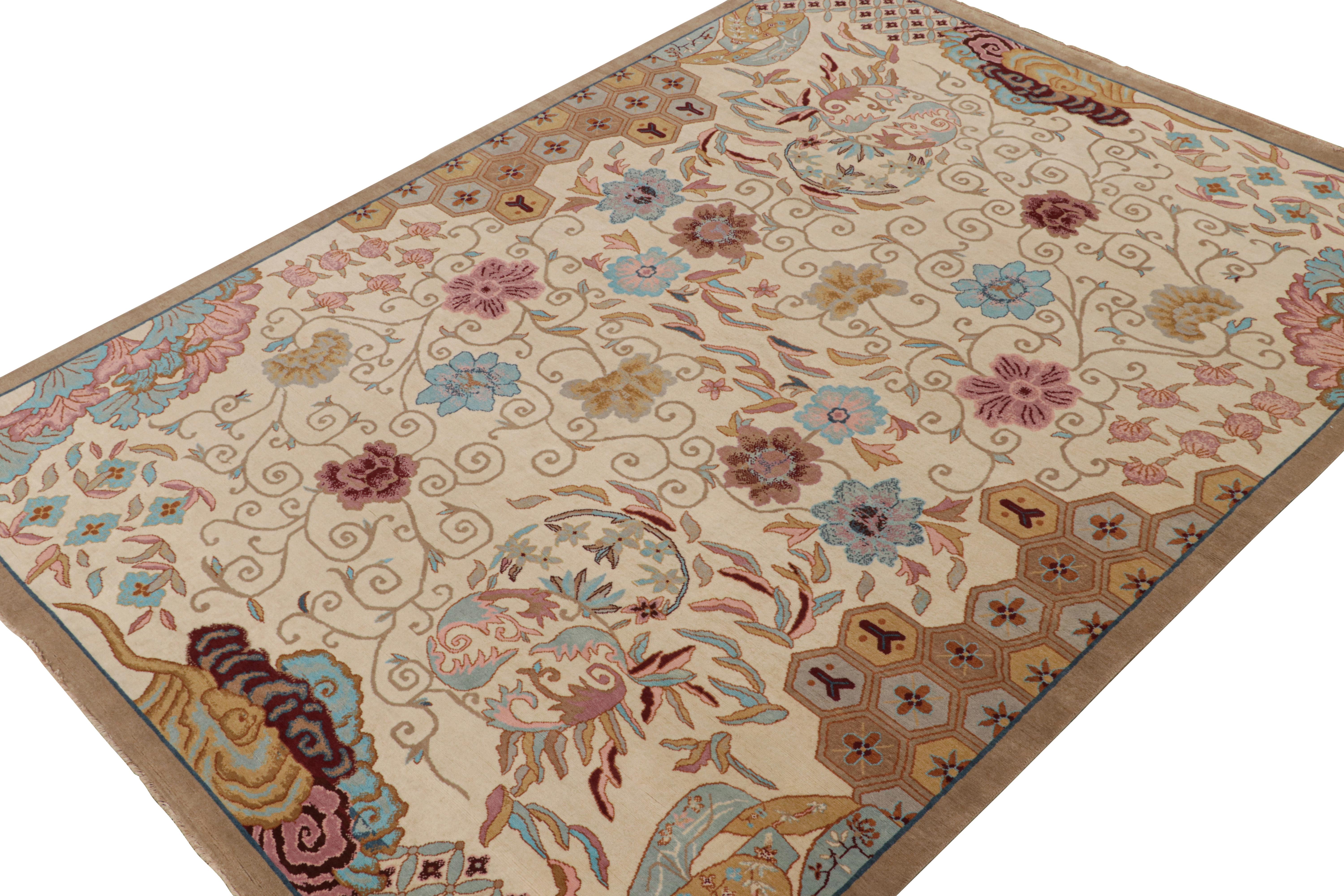 Hand-Knotted Rug & Kilim’s Chinese Art Deco Style Rug in Beige-Brown with Floral Patterns For Sale