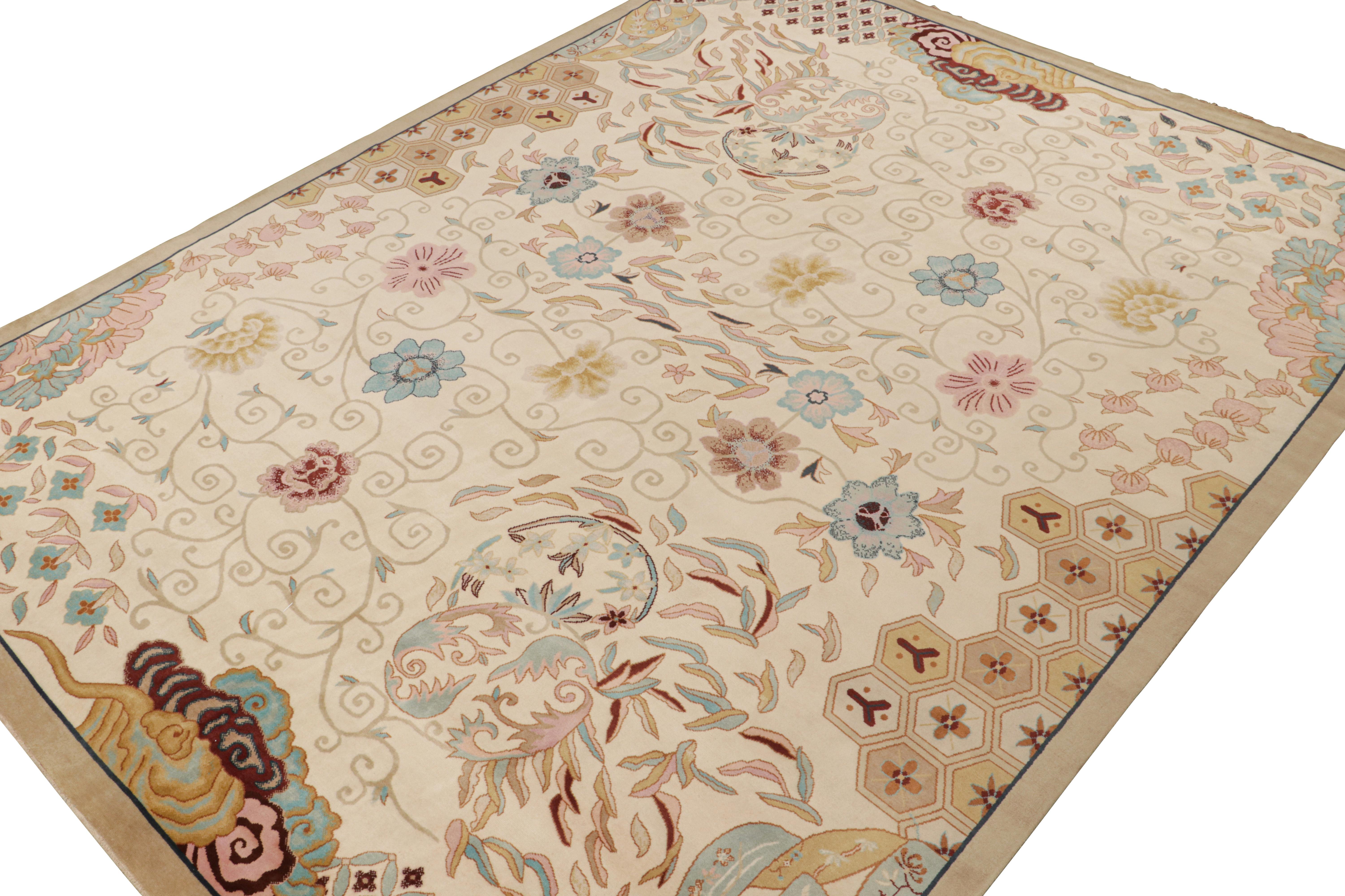 Hand-Knotted Rug & Kilim’s Chinese Art Deco Style Rug in Beige-Brown with Floral Patterns For Sale