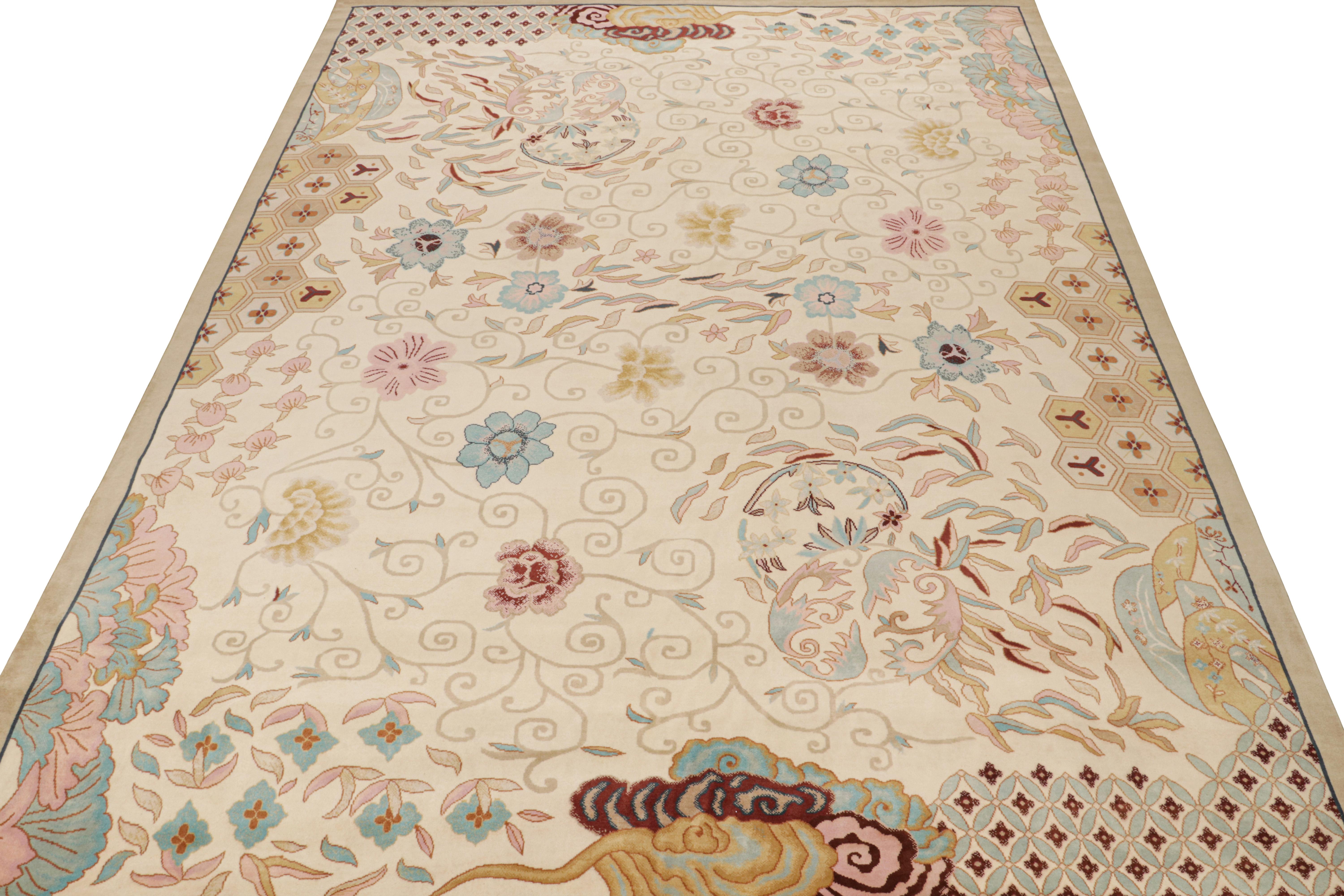 Rug & Kilim’s Chinese Art Deco Style Rug in Beige-Brown with Floral Patterns In New Condition For Sale In Long Island City, NY