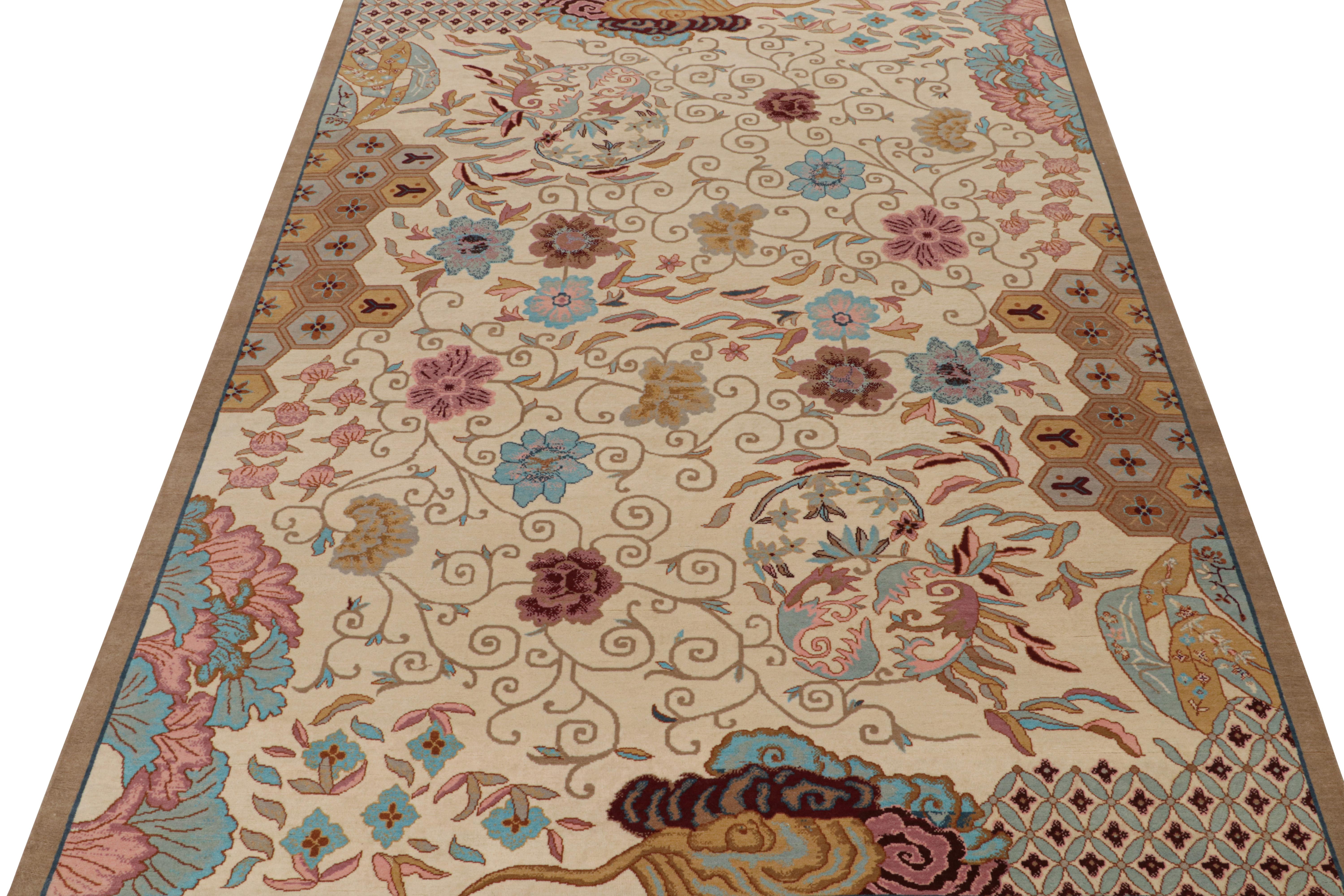 Rug & Kilim's Chinesischer Teppich im Art Deco Stil in Beige-Braun mit Blumenmustern (Handgeknüpft) im Angebot