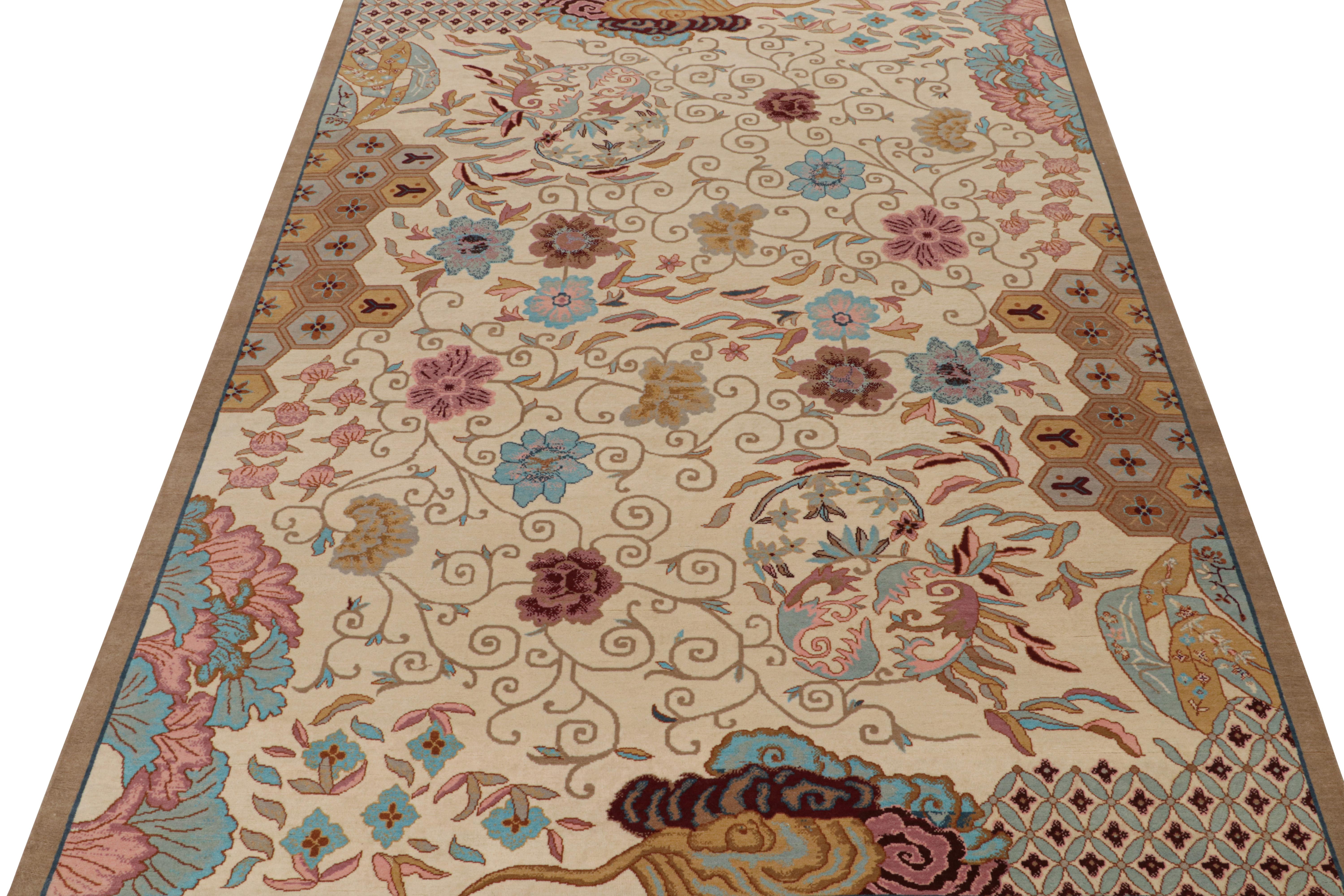 Rug & Kilim’s Chinese Art Deco Style Rug in Beige-Brown with Floral Patterns In New Condition For Sale In Long Island City, NY