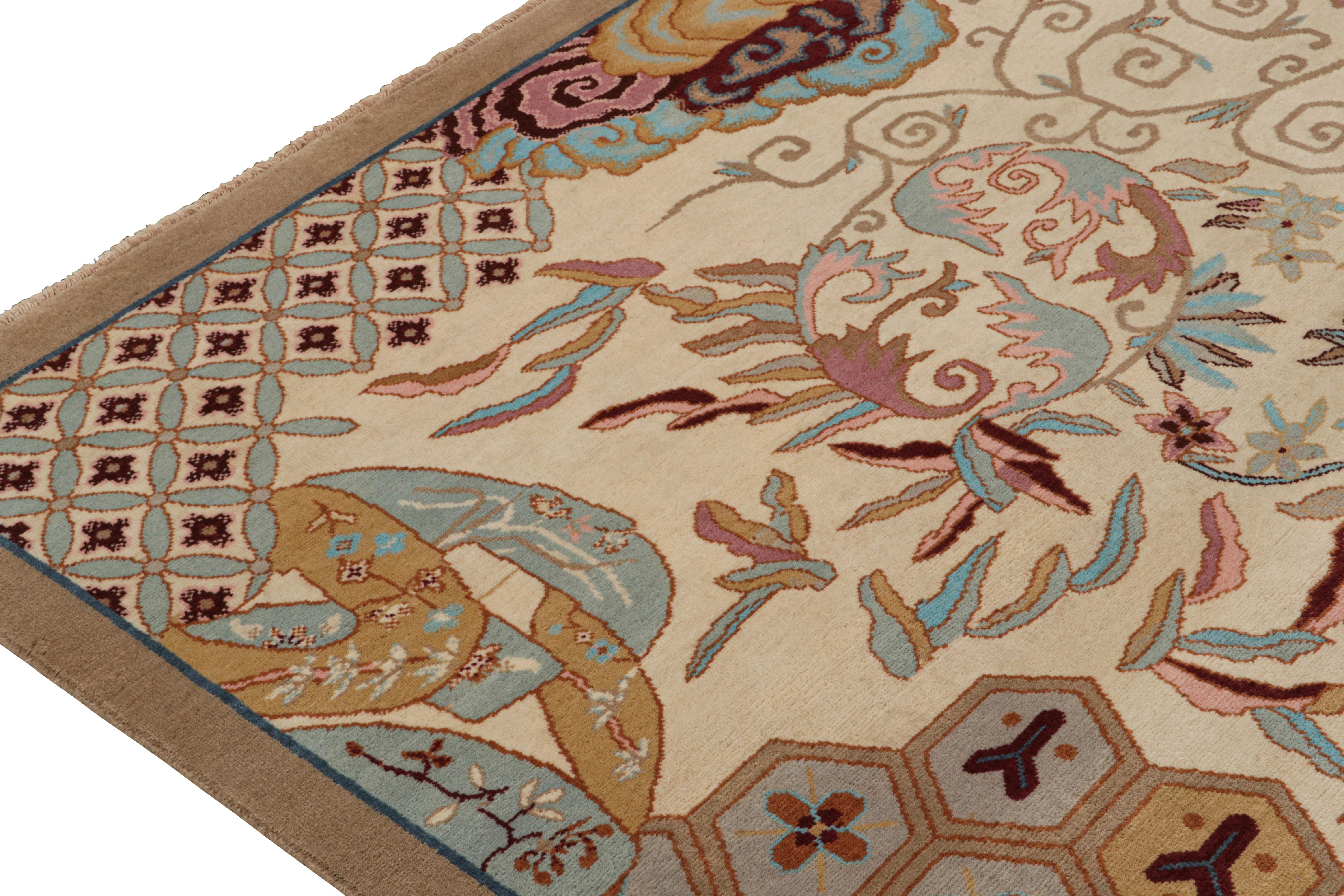 Contemporary Rug & Kilim’s Chinese Art Deco Style Rug in Beige-Brown with Floral Patterns For Sale