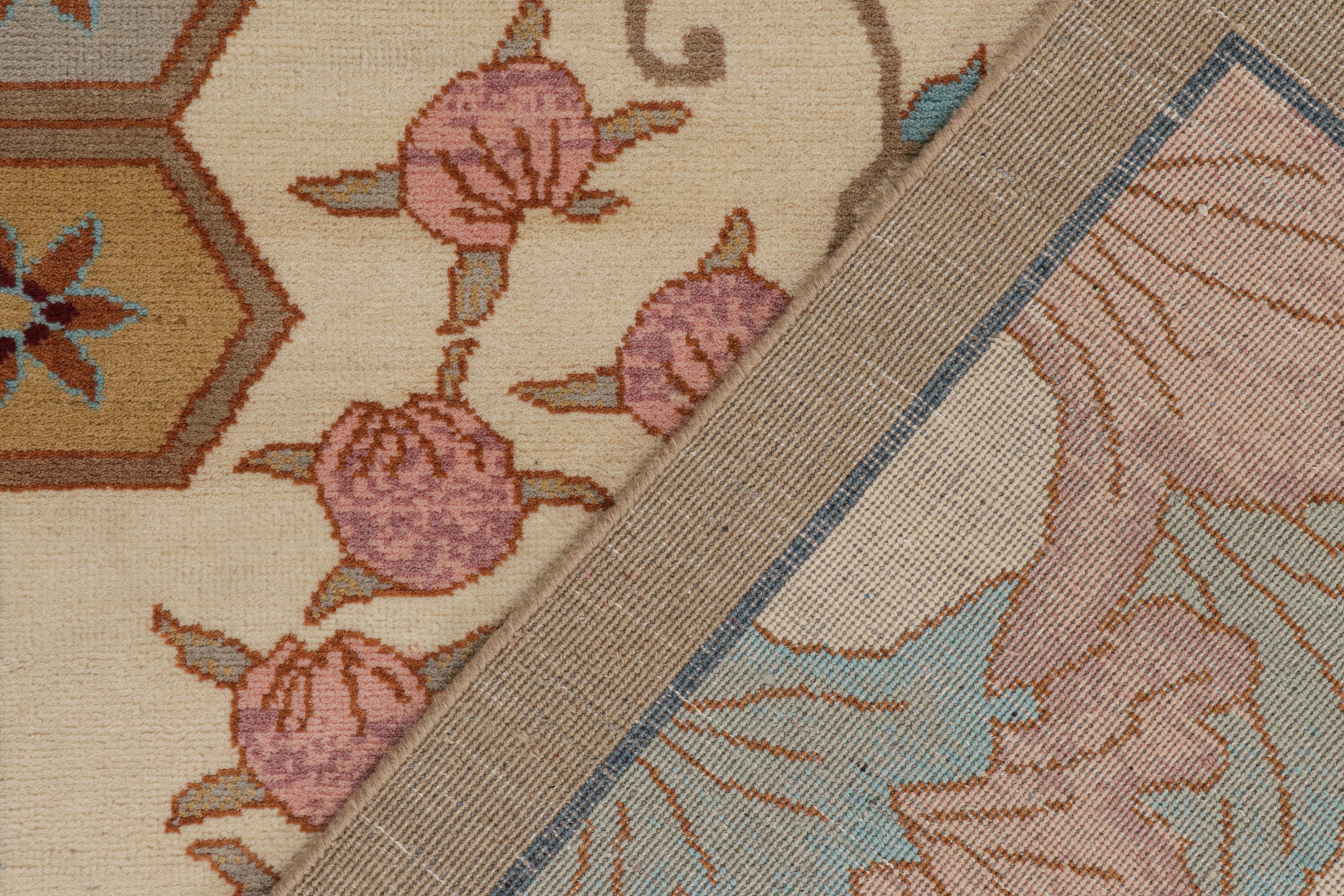 Wool Rug & Kilim’s Chinese Art Deco Style Rug in Beige-Brown with Floral Patterns For Sale